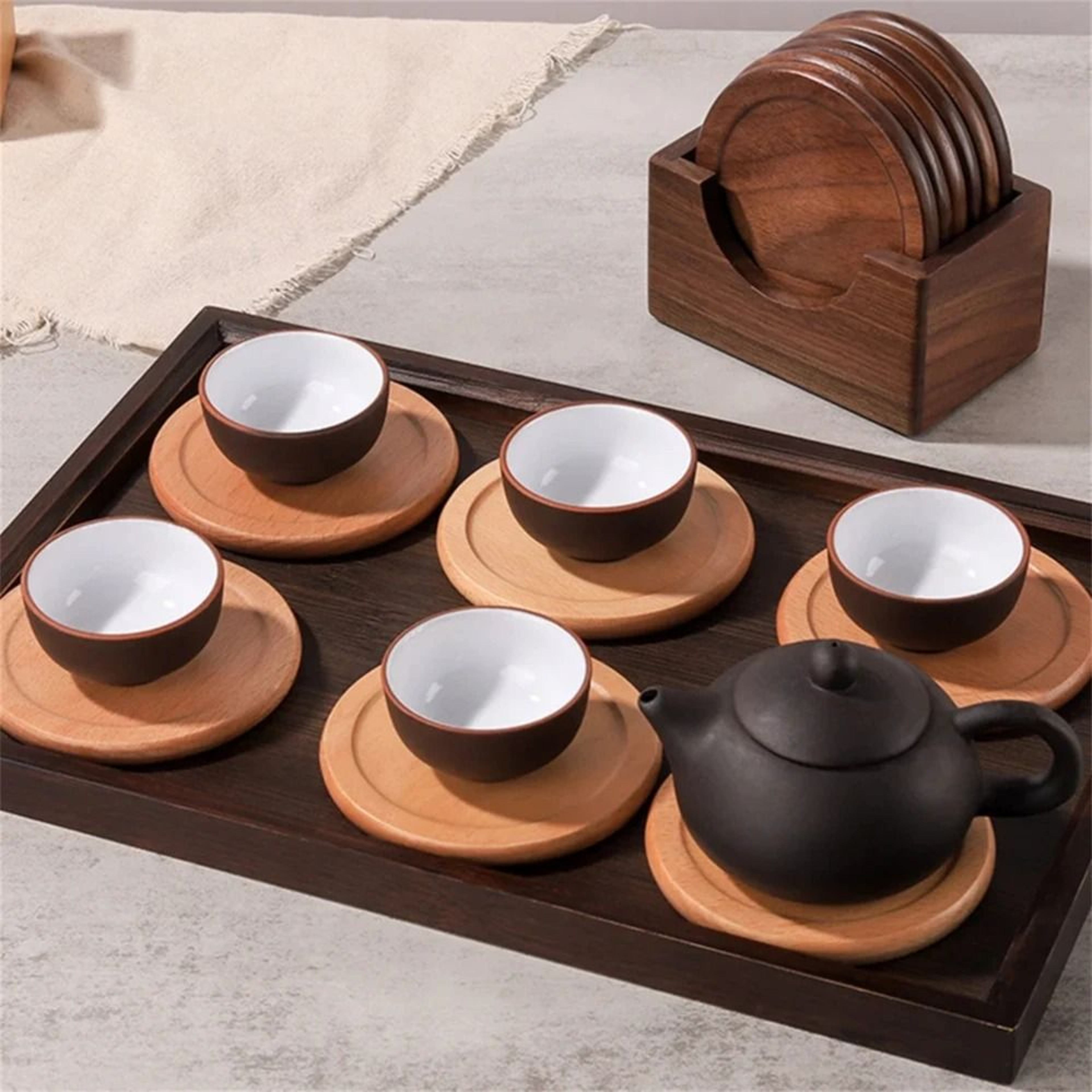 6Piece Solid Walnut Wood Coaster Set  Premium Round Insulated Placemats For JapaneseStyle Coffee  H 3
