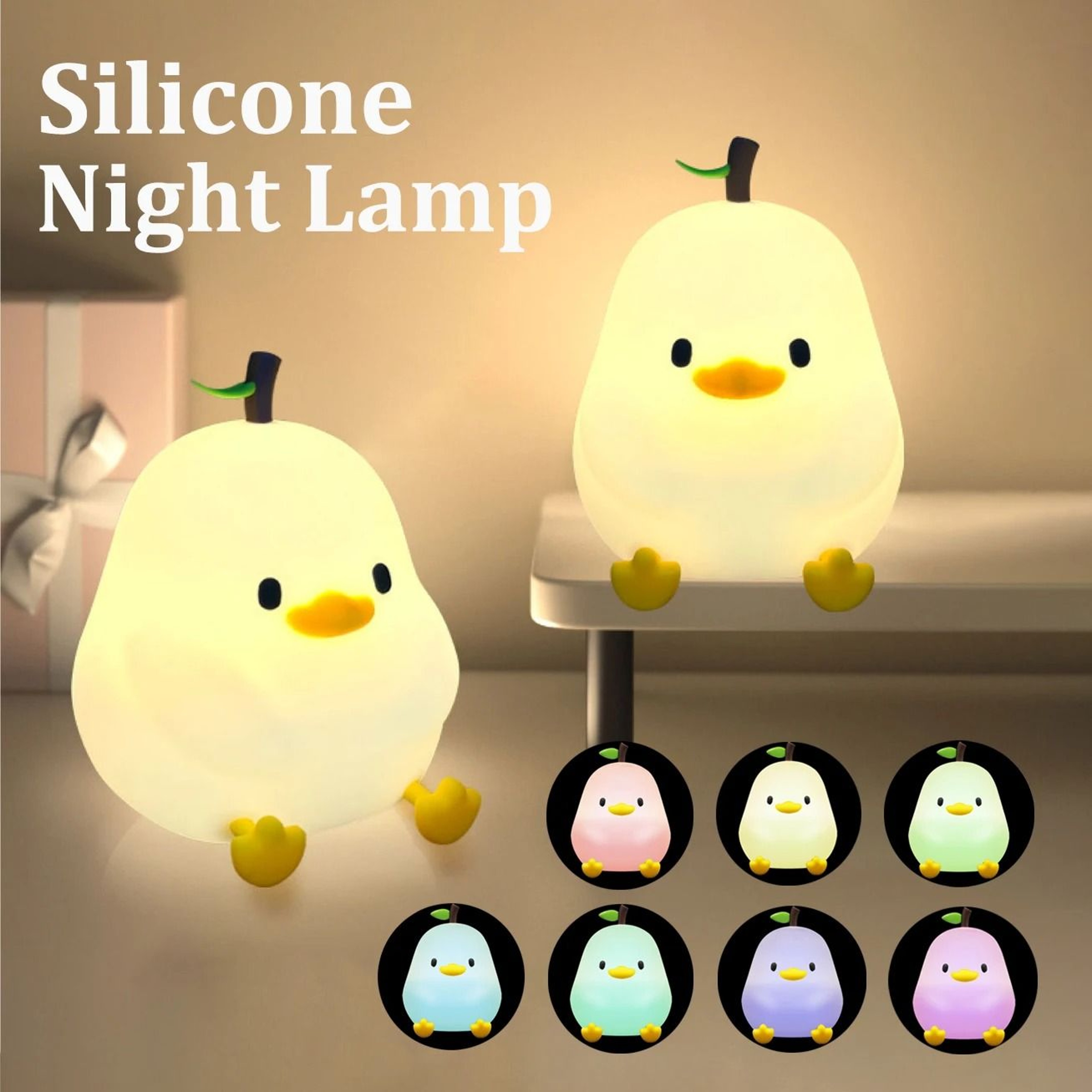 Cute Pear Night Light  7Color Dimmable TouchControlled Silicone Lamp  StressReducing USB Rechargeab 0