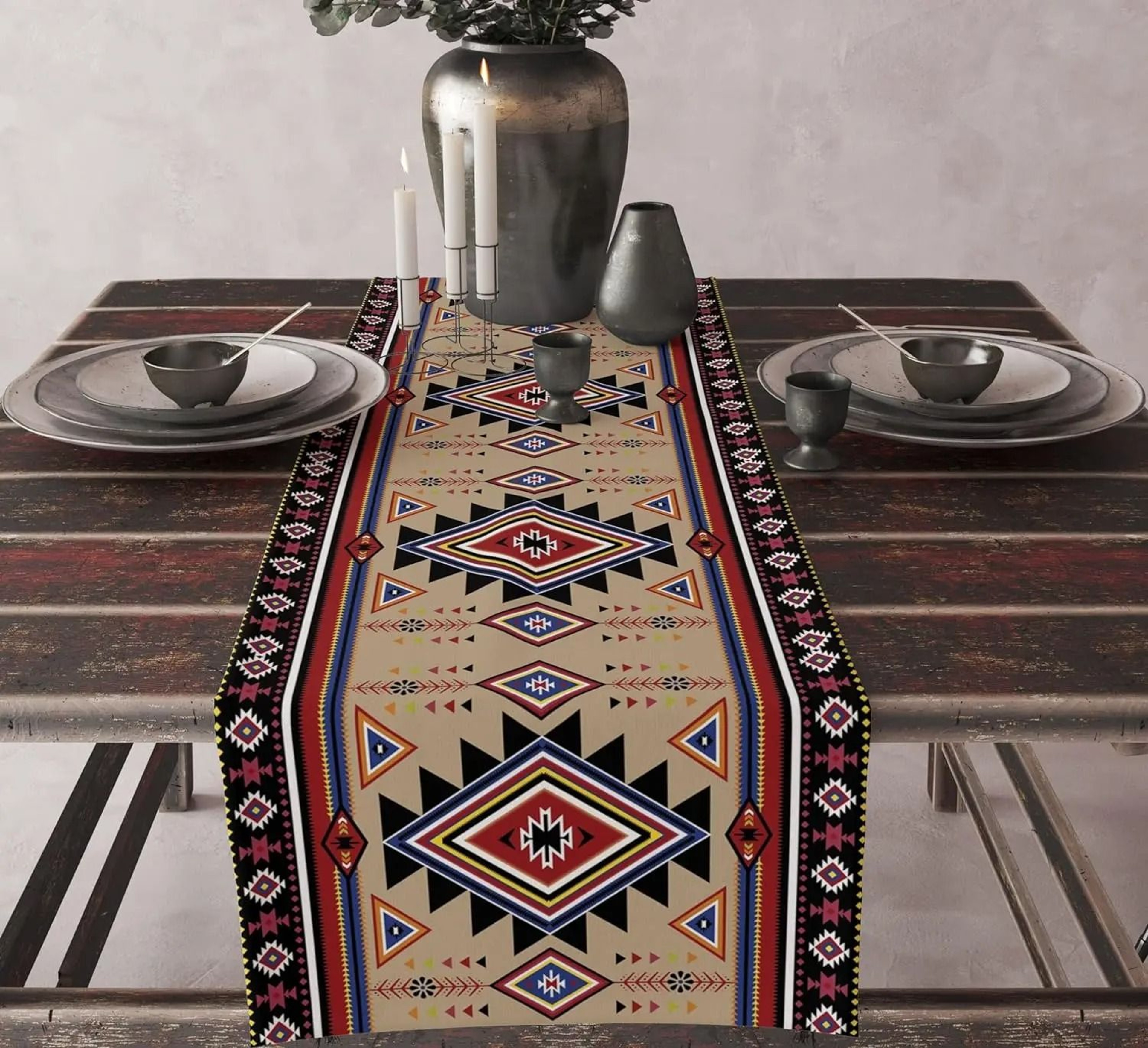 Aztec Ethnic Tribal Style Linen Table Runner  Boho Abstract Geometric Texture For Kitchen Party  Di 9