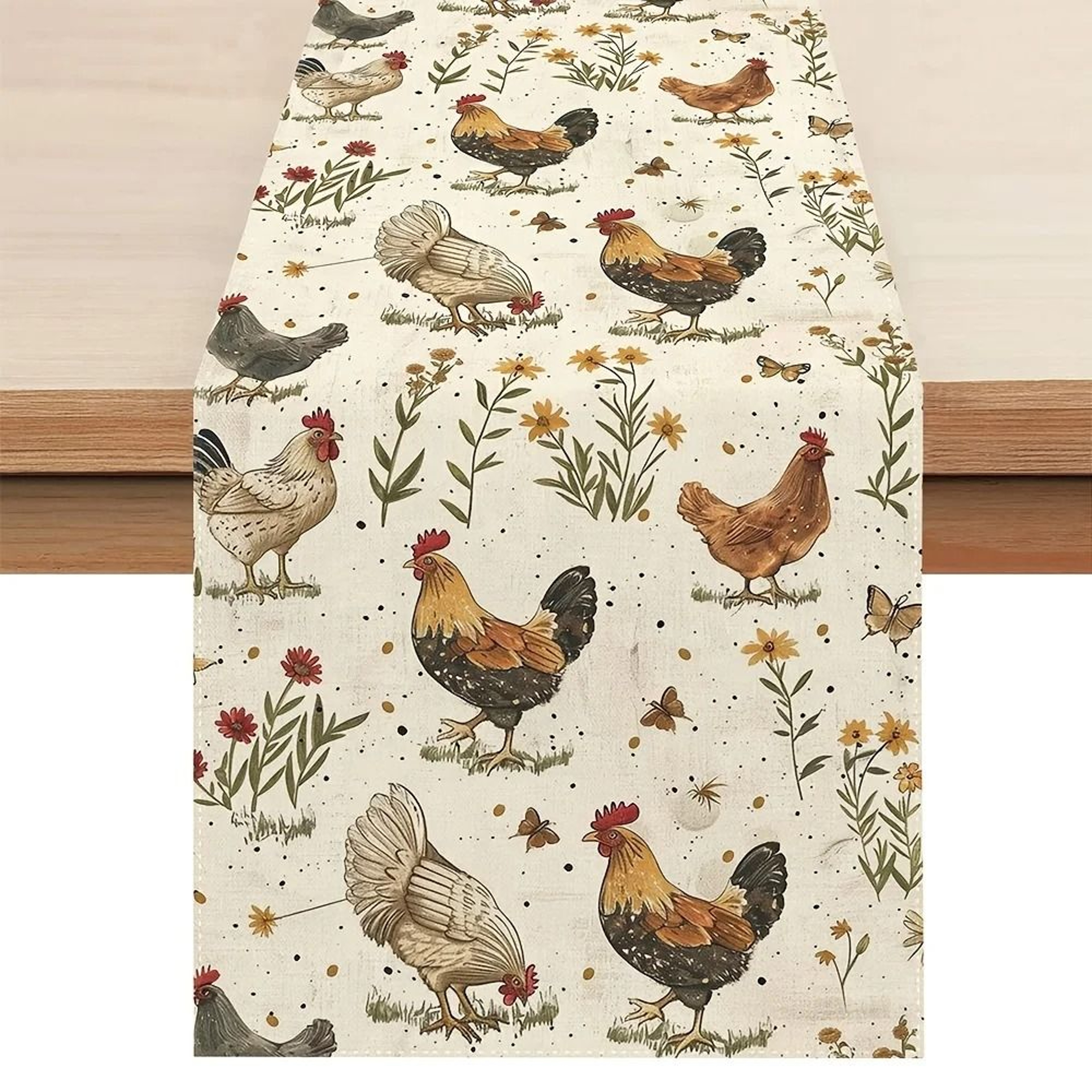 Rooster Hen  Wildflower Linen Table Runner  Rustic Farmhouse Kitchen Dining Decor  Botanical Butter 5