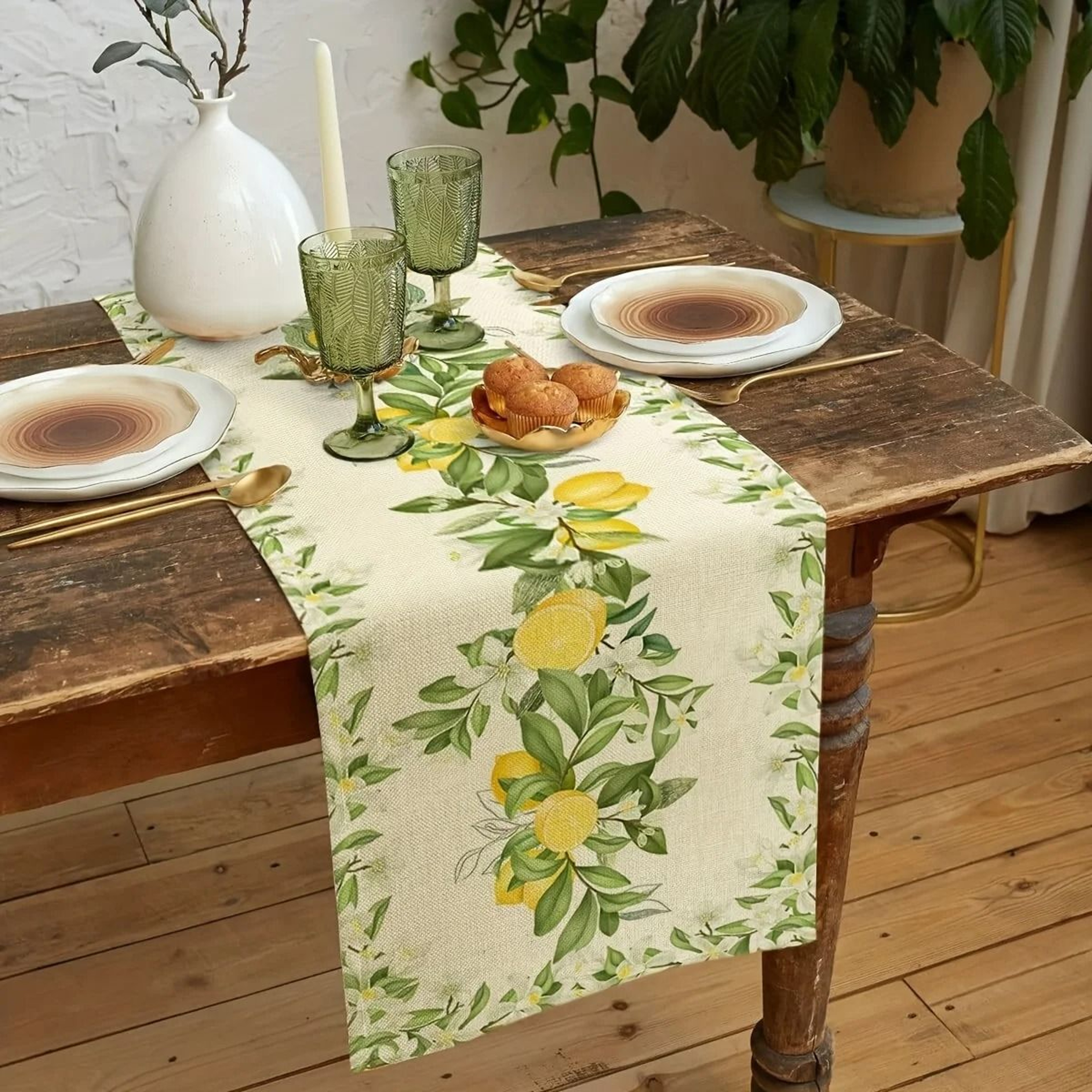 Spring Summer Lemon  Floral Linen Table Runner  Refreshing Seasonal Dresser Scarf  Botanical Holida 4