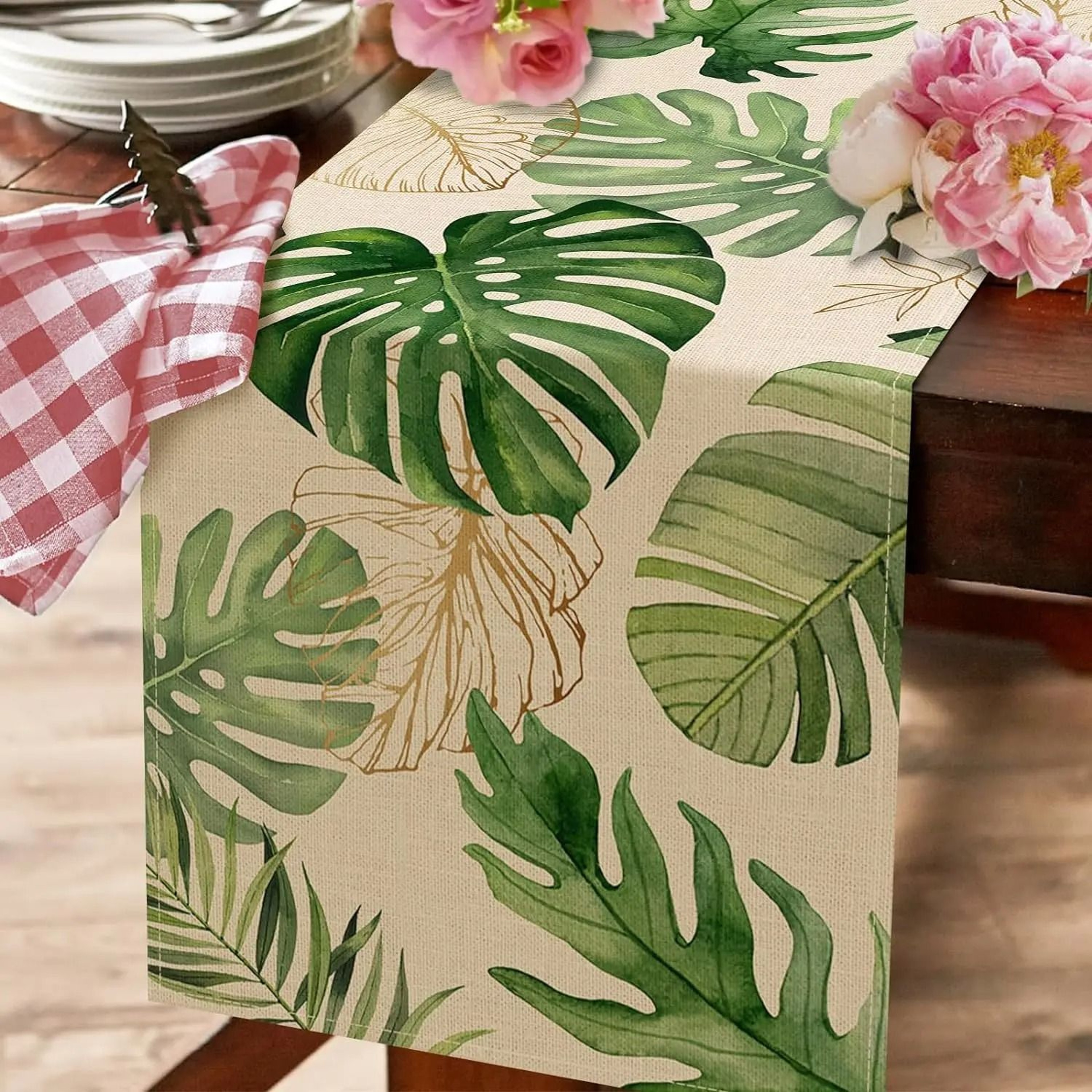 Summer Palm Leaves Tropical Greenery Linen Table Runner  Refreshing Spring Home Decor  Outdoor Bota 1