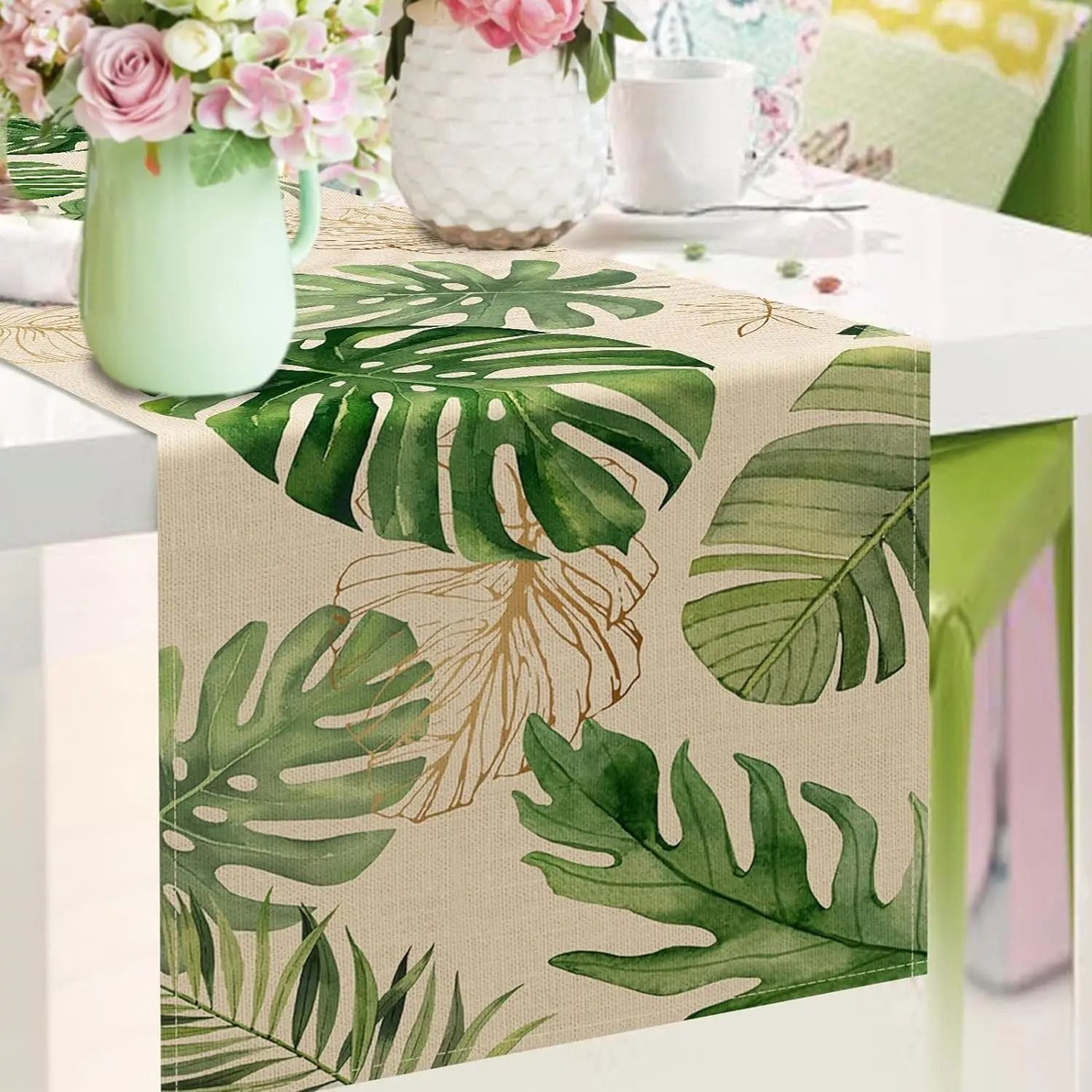 Summer Palm Leaves Tropical Greenery Linen Table Runner  Refreshing Spring Home Decor  Outdoor Bota 2