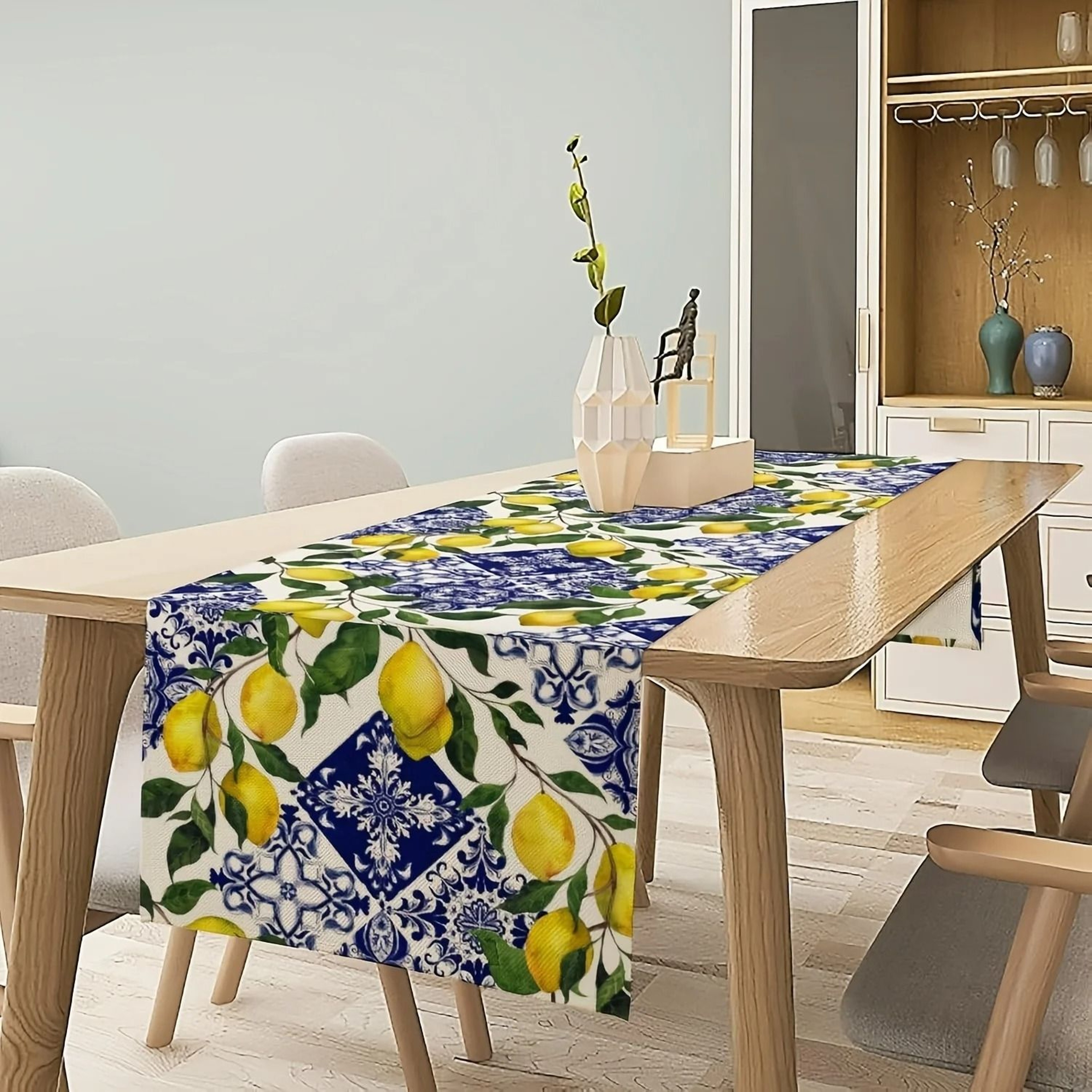 Blue Tile  Lemon Linen Table Runner  HighDefinition Summer Mediterranean Decor For Dressers  Dining 2