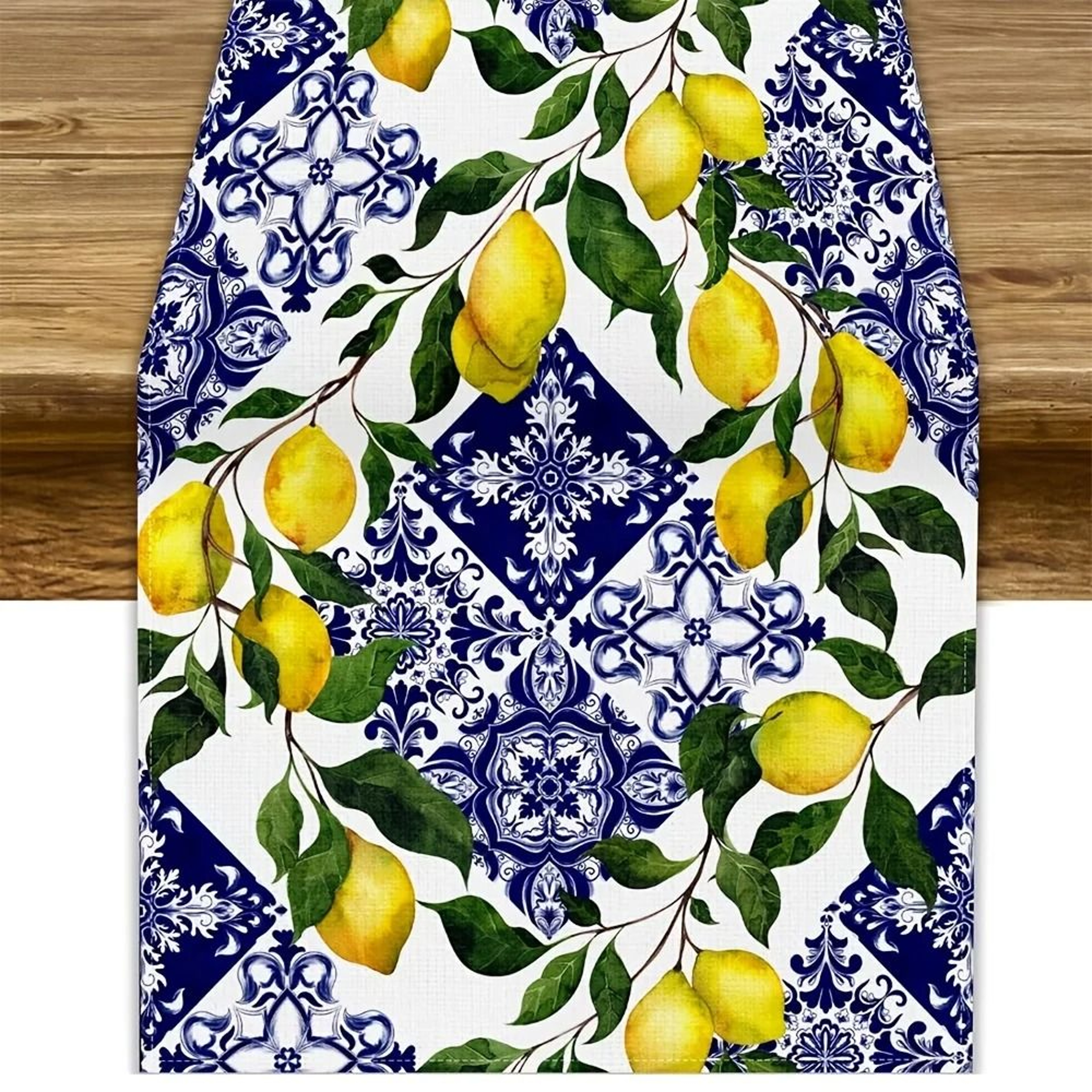 Blue Tile  Lemon Linen Table Runner  HighDefinition Summer Mediterranean Decor For Dressers  Dining 6