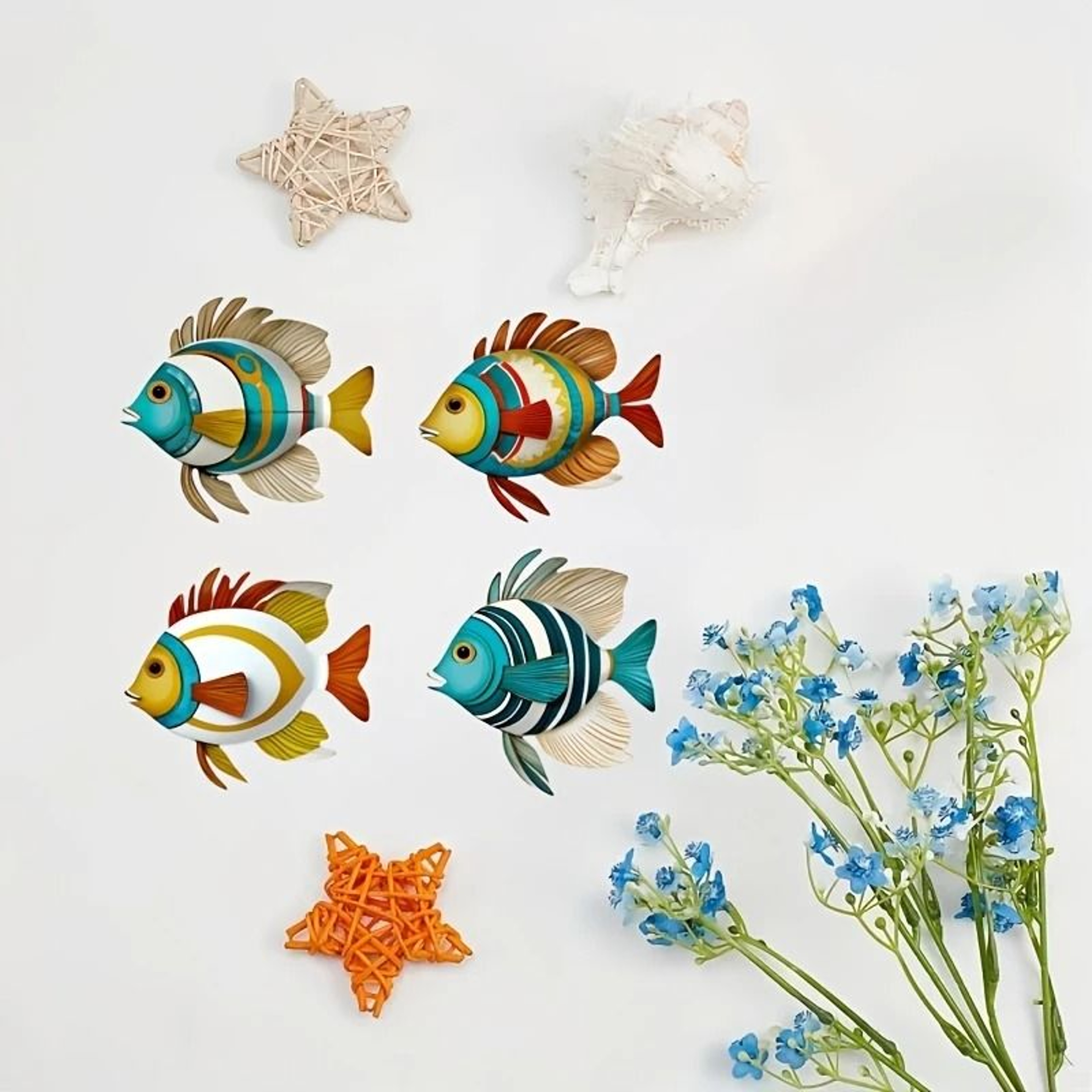 Rustic Nautical Colorful Tropical Fish Wall Art 4Piece 0