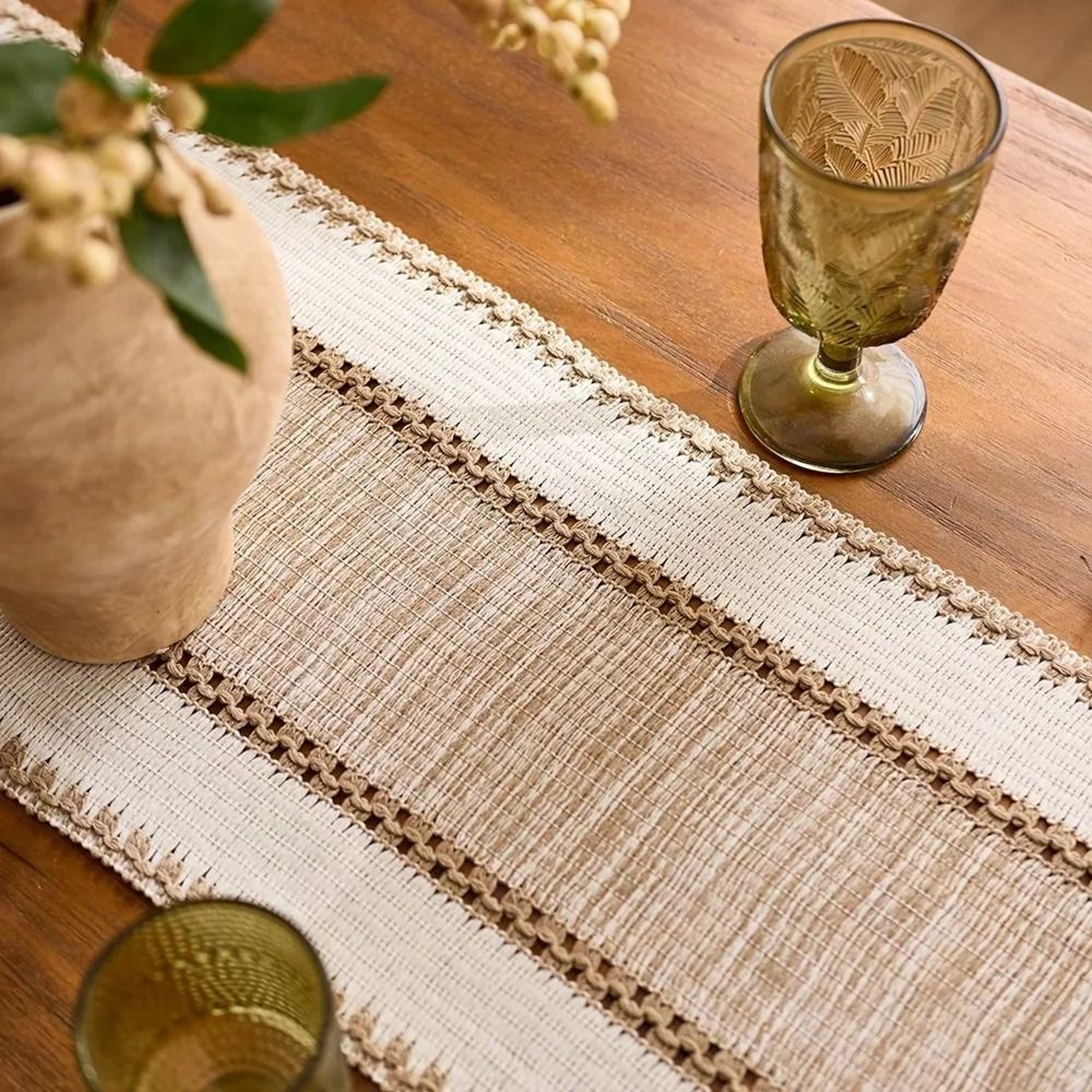 Nordic Boho Striped Green HandWoven Table Runner 4