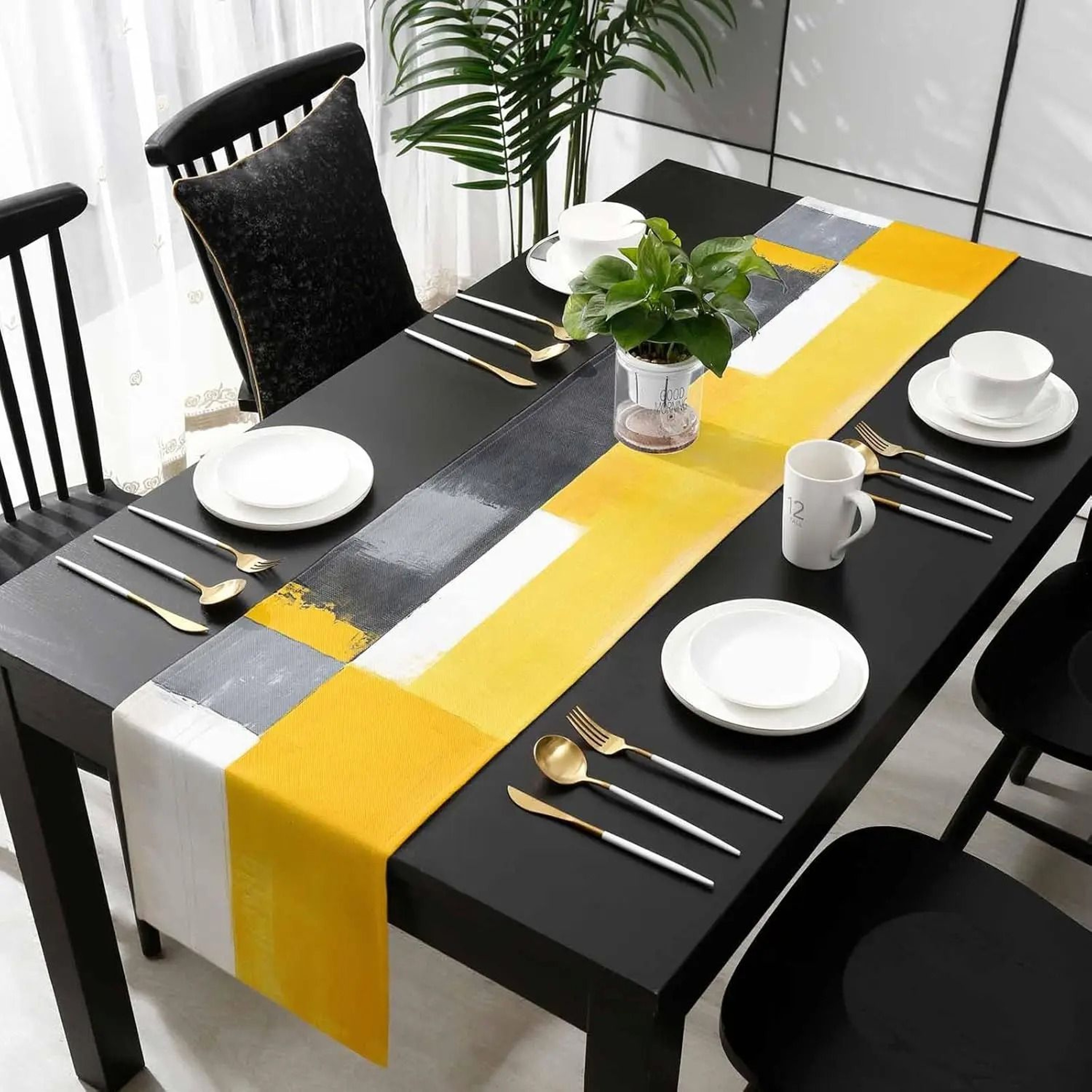 Abstract Yellow Linen Table Runner  HighDefinition Modern Geometric Art Textile 1