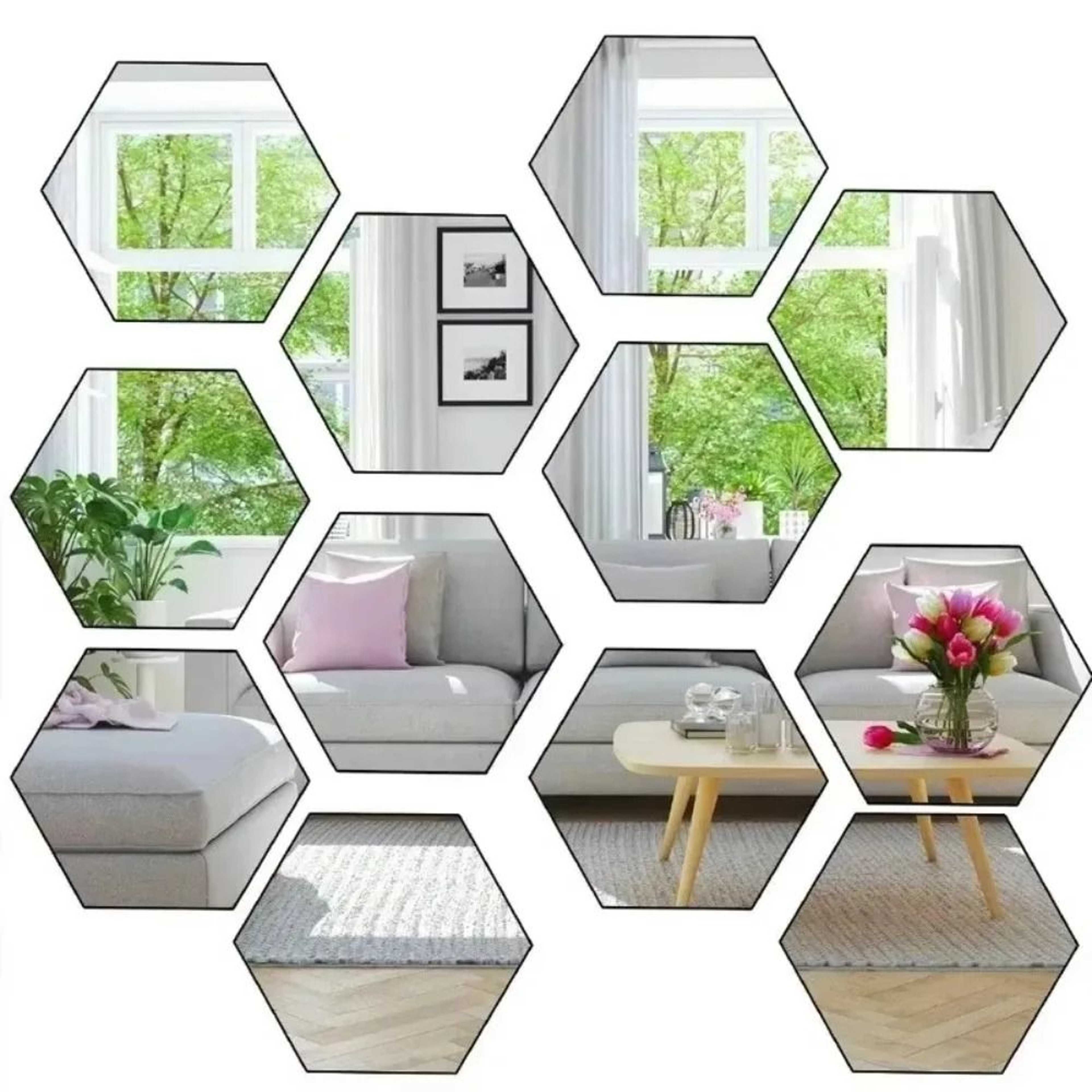 Hexagonal Mosaic Mirror Set  HighDefinition Geometric Reflective Sculpture 0