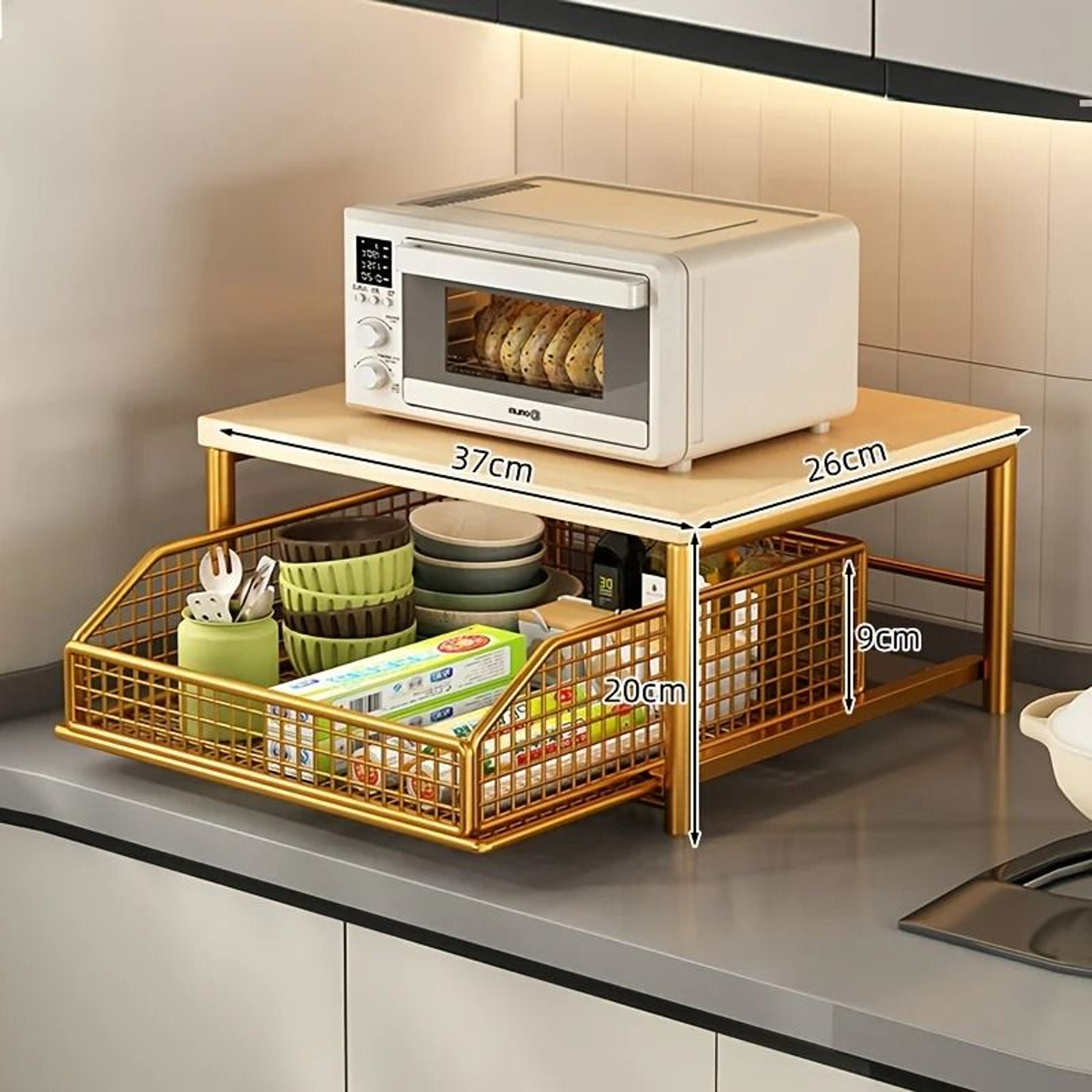 Modern Wood  Metal Microwave Rack  Sturdy Countertop Storage Shelf  SpaceSaving Kitchen Organizer 4