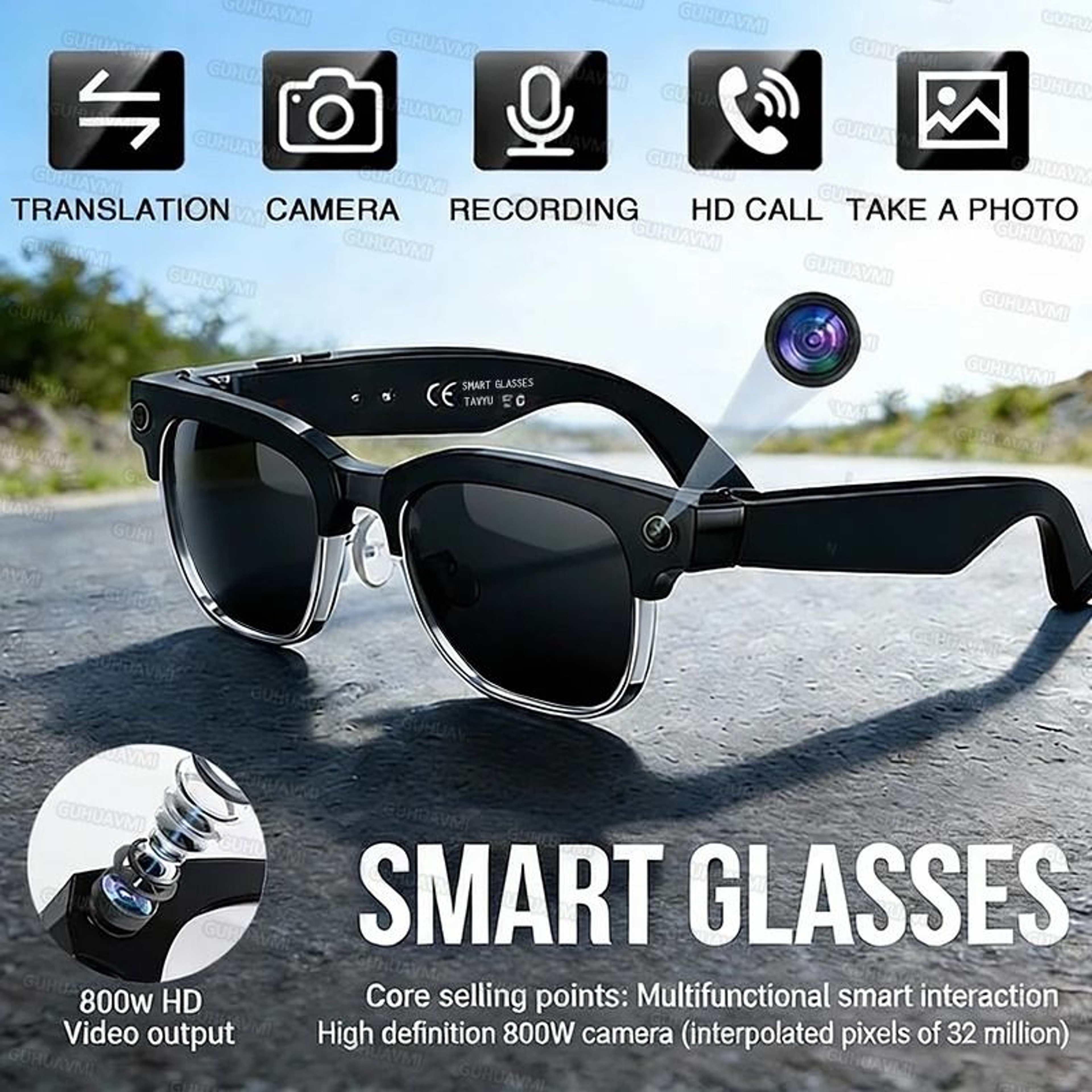800W Pixel Camera Smart Glasses  AI Photo Recognition  Video Recording  Smart Voice Translation Sun 8