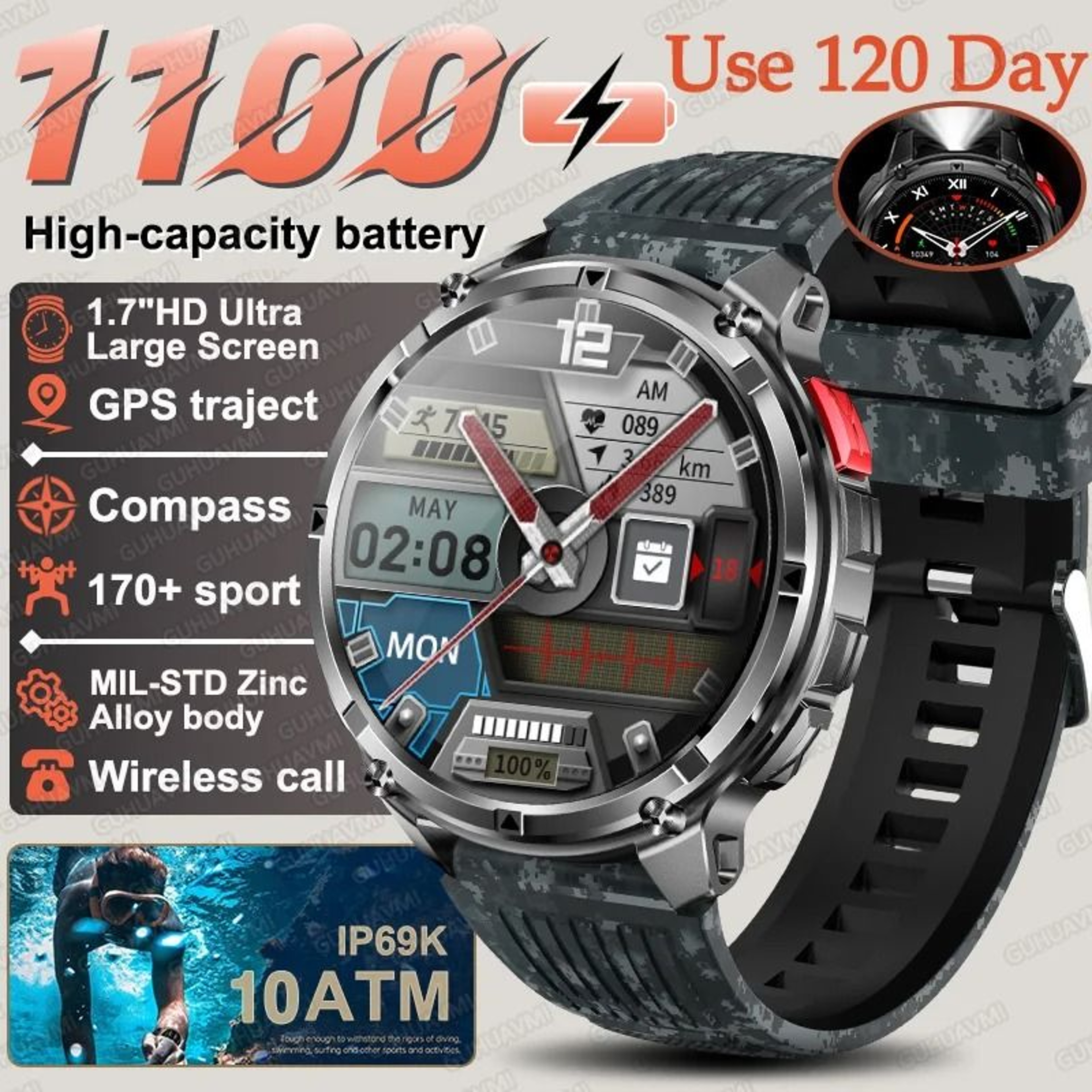 TRex 3 Pro Military Smart Watch  1100mAh ExtraLarge Battery  GPS  Rugged Compass Sport  Swim SmartW 13