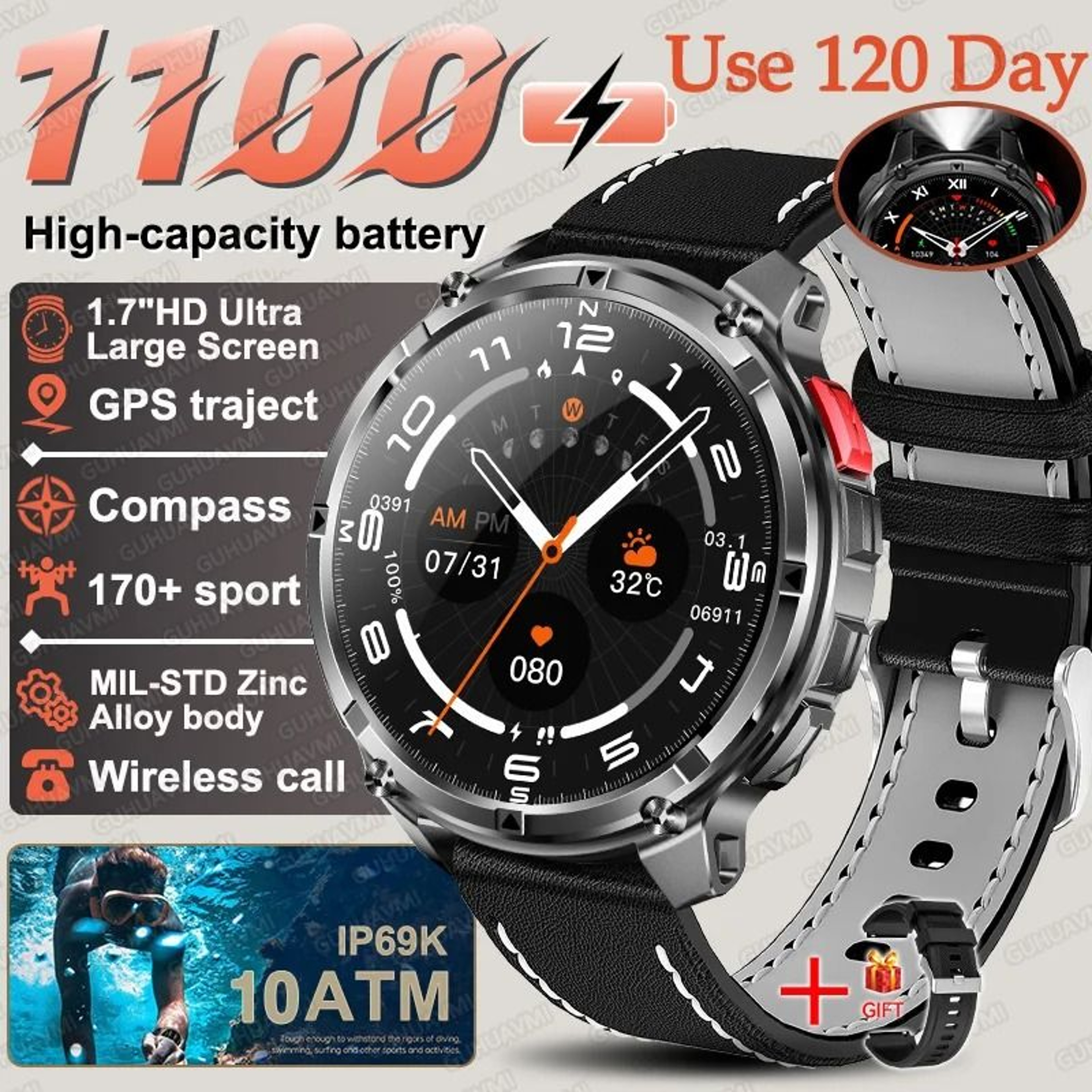 TRex 3 Pro Military Smart Watch  1100mAh ExtraLarge Battery  GPS  Rugged Compass Sport  Swim SmartW 16