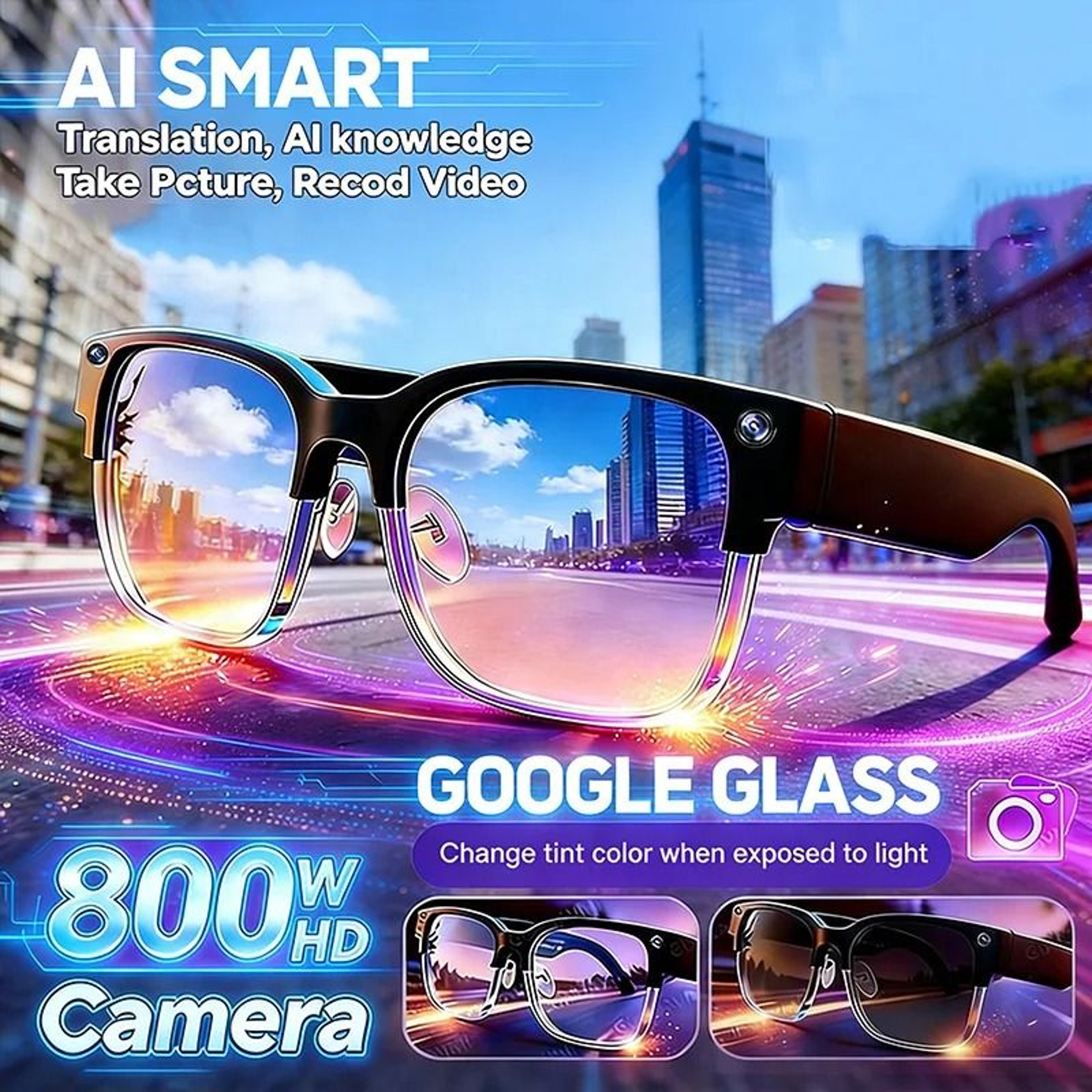 RealTime Translation AI Glasses  800W 4K HD Video Recording  Photo Recognition  Pro Bluetooth Call  0