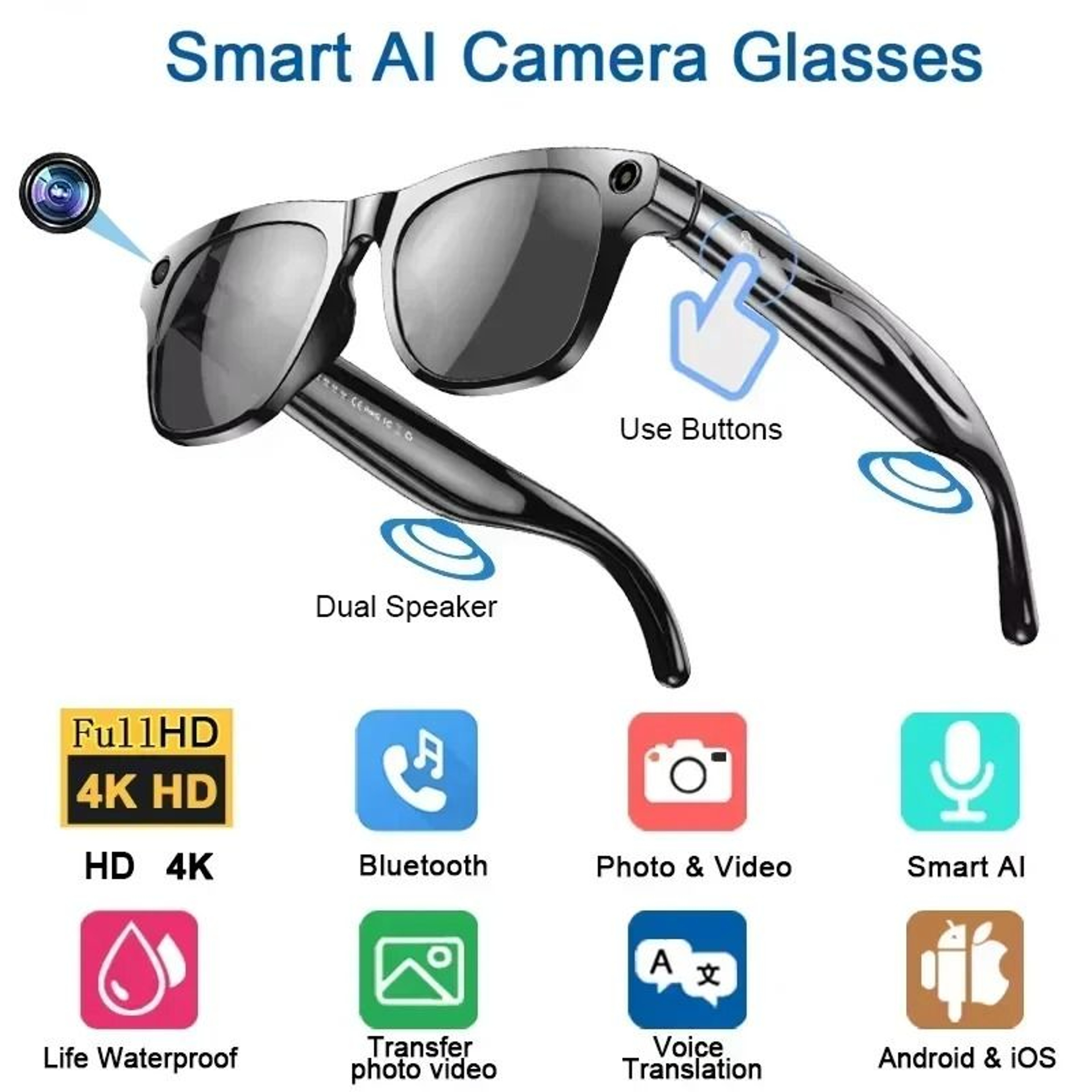 RealTime Translation AI Glasses  800W 4K HD Video Recording  Photo Recognition  Pro Bluetooth Call  8