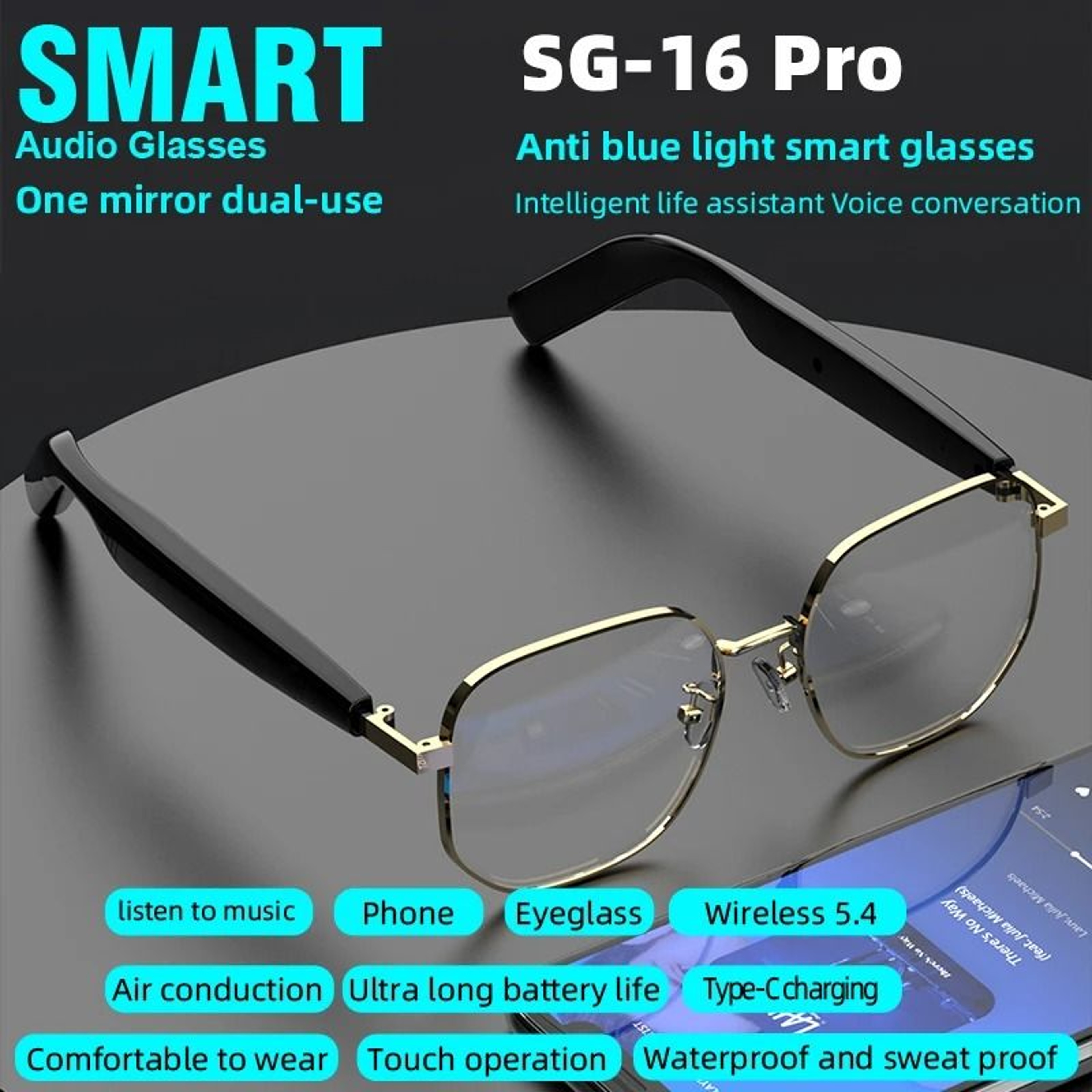Smart Audio Eyewear SG16 Pro  Bluetooth 54  AntiBlue Light  Immersive 3D Stereo GoldFrame Sunglasse 0