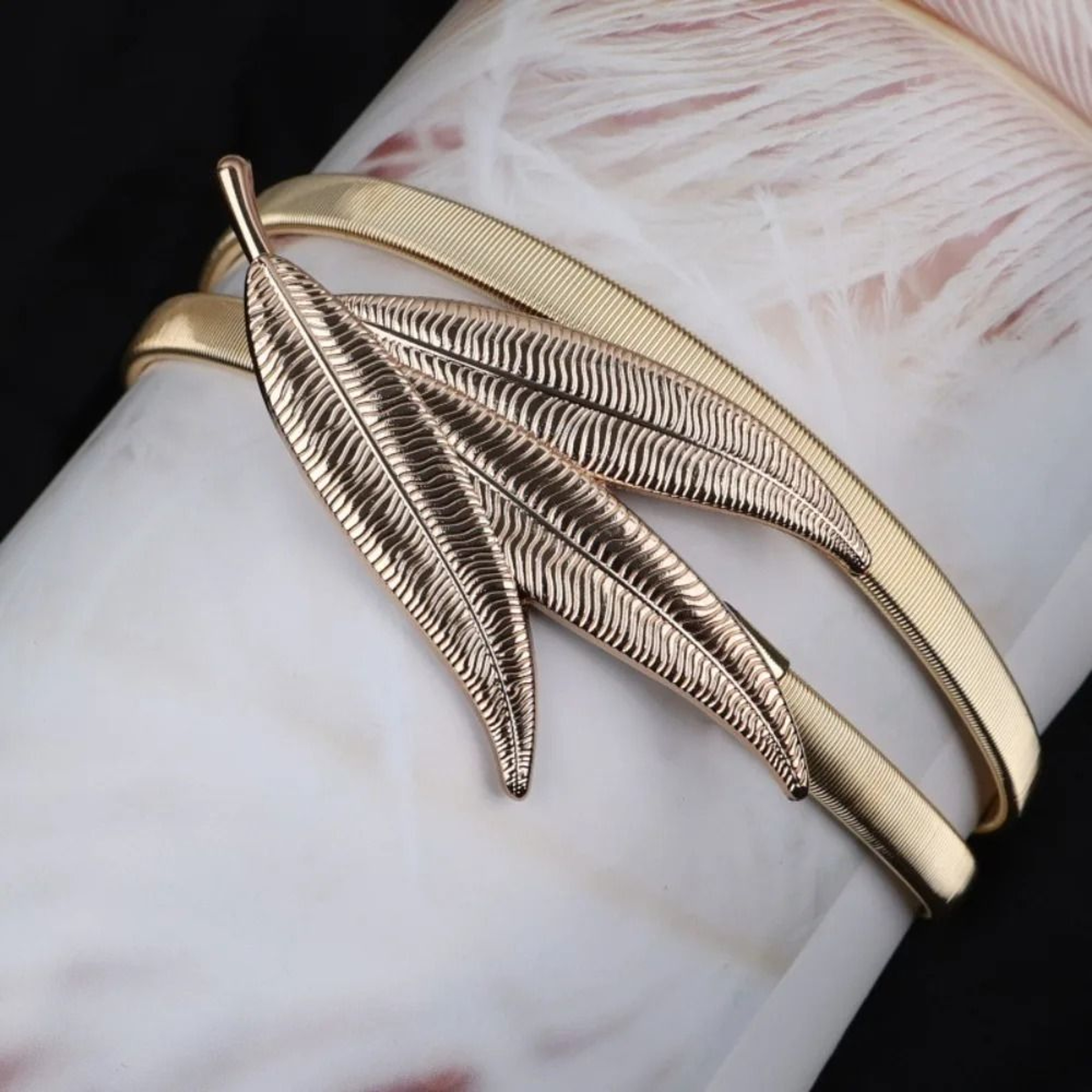 Elastic Gold Chain Belt  Leaf Motif Metallic Waistband  HighYield Sartorial Interaction Hub 12