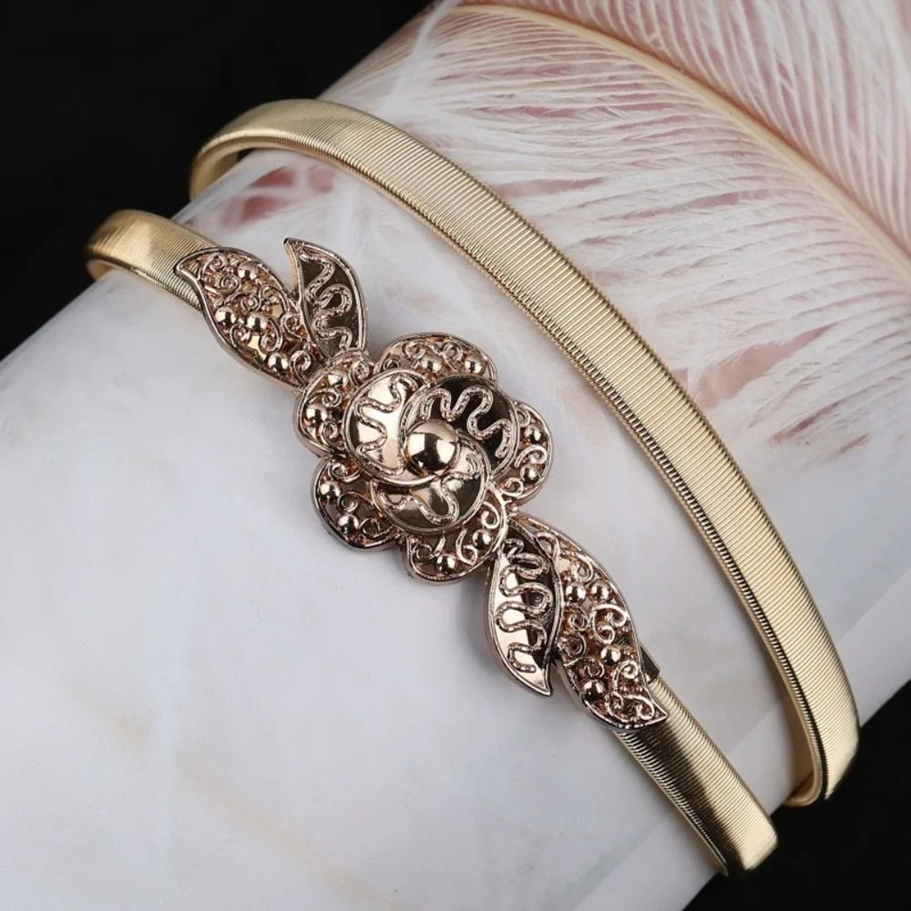 Elastic Gold Chain Belt  Leaf Motif Metallic Waistband  HighYield Sartorial Interaction Hub 13