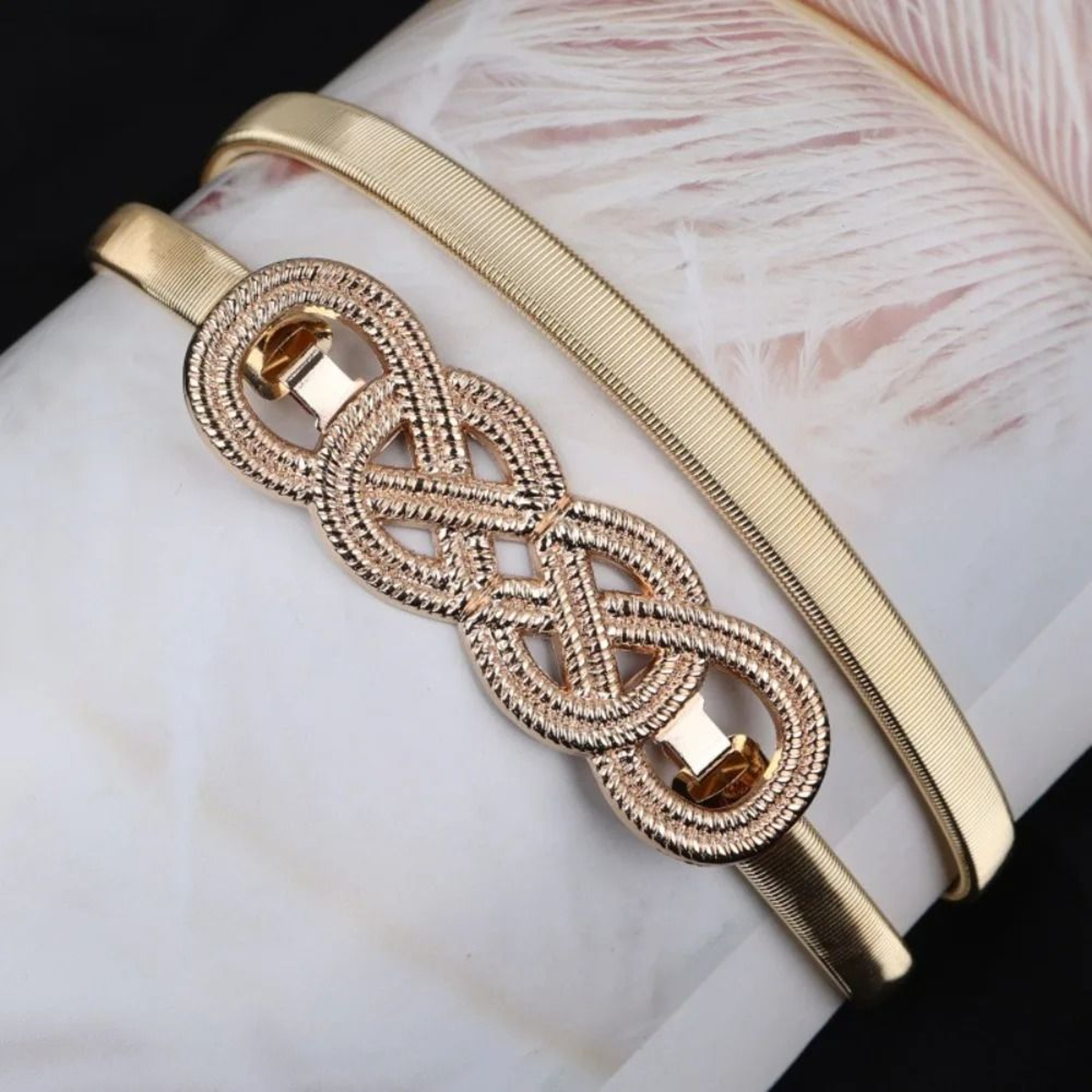 Elastic Gold Chain Belt  Leaf Motif Metallic Waistband  HighYield Sartorial Interaction Hub 15