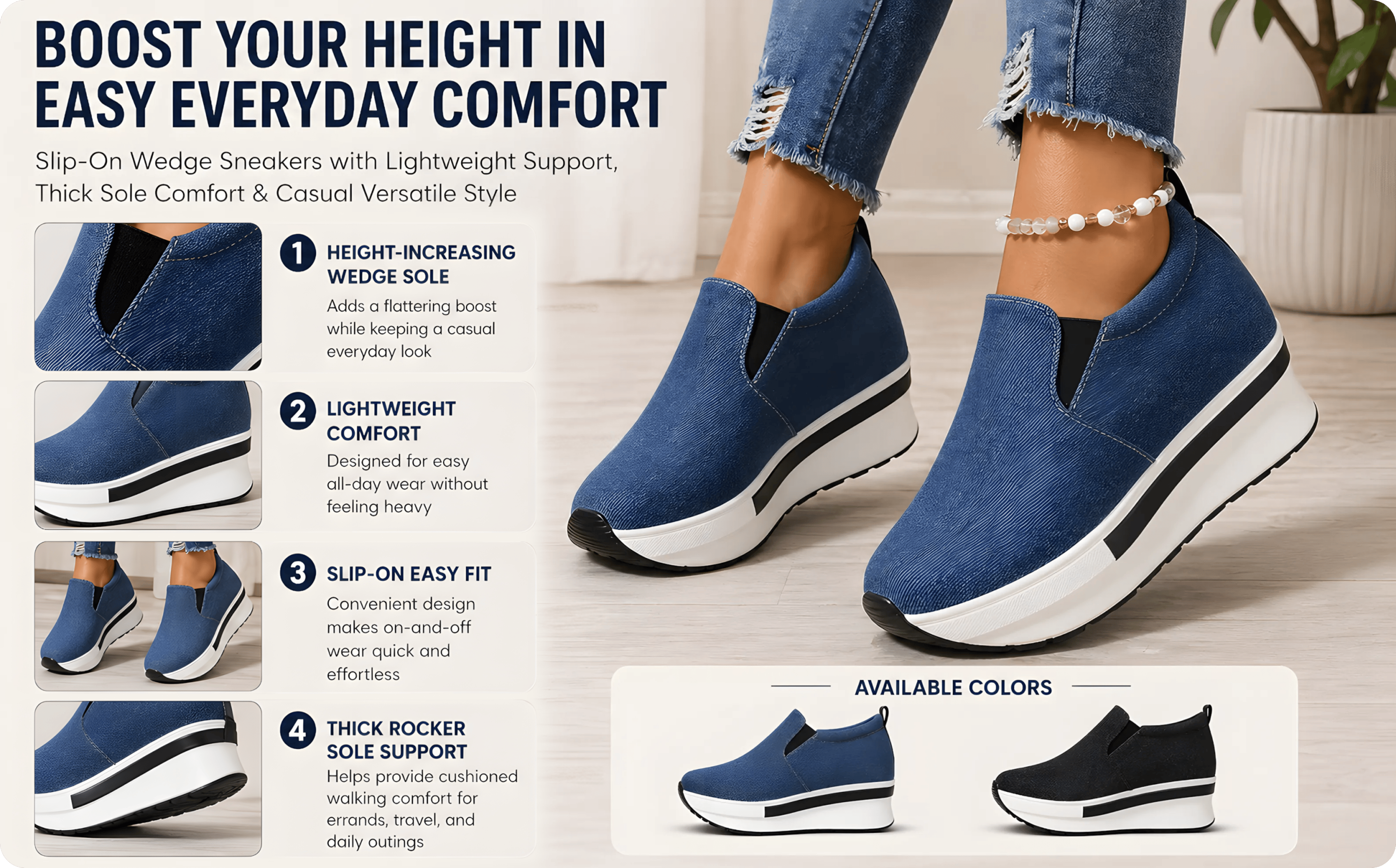 Women's Height Increasing Slip-On Wedge Sneakers with Thick Sole and Lightweight Comfort – view 9