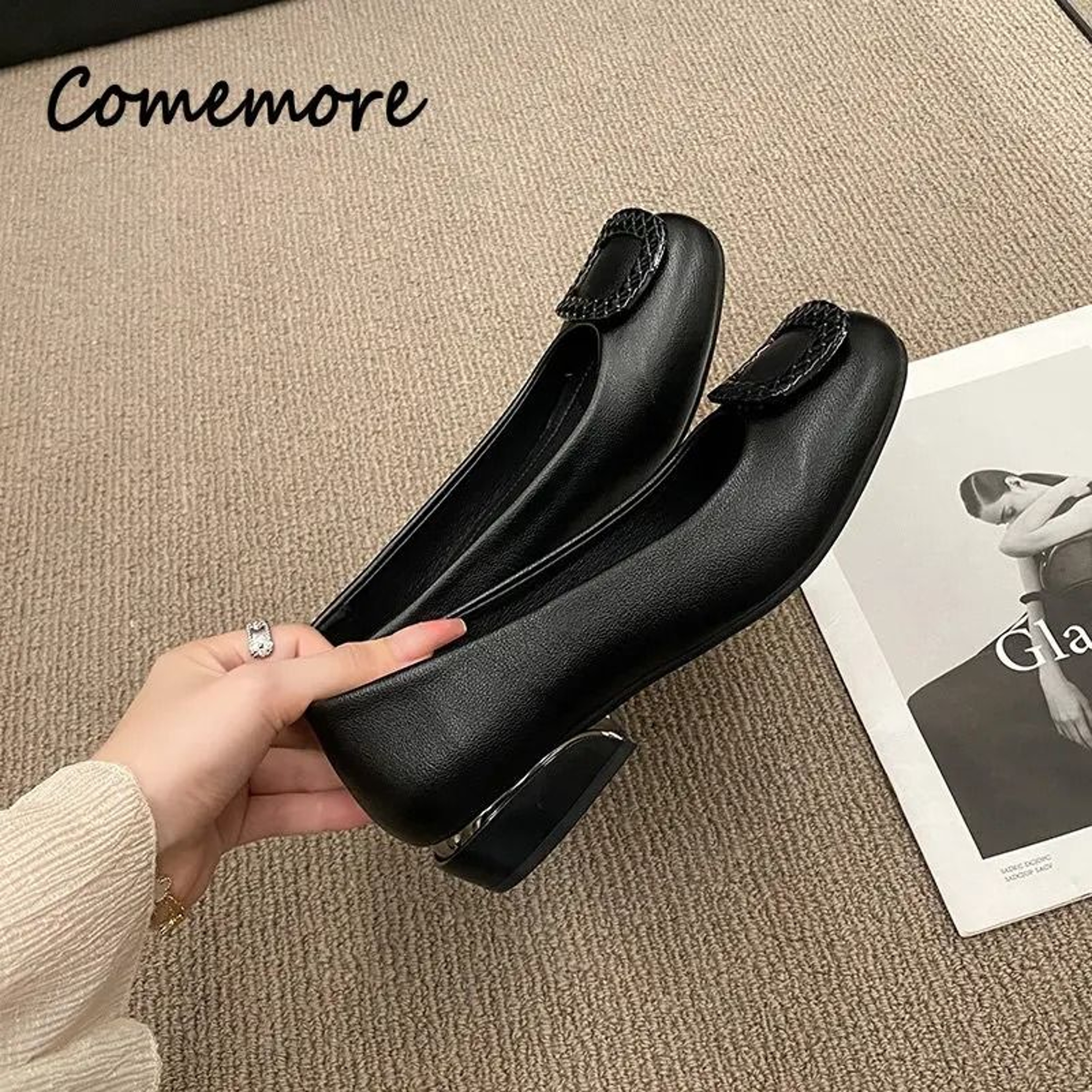 Comemore Fashion Red Pumps  Square Heel PU Leather Series  HighYield Comfort Interaction Hub 3