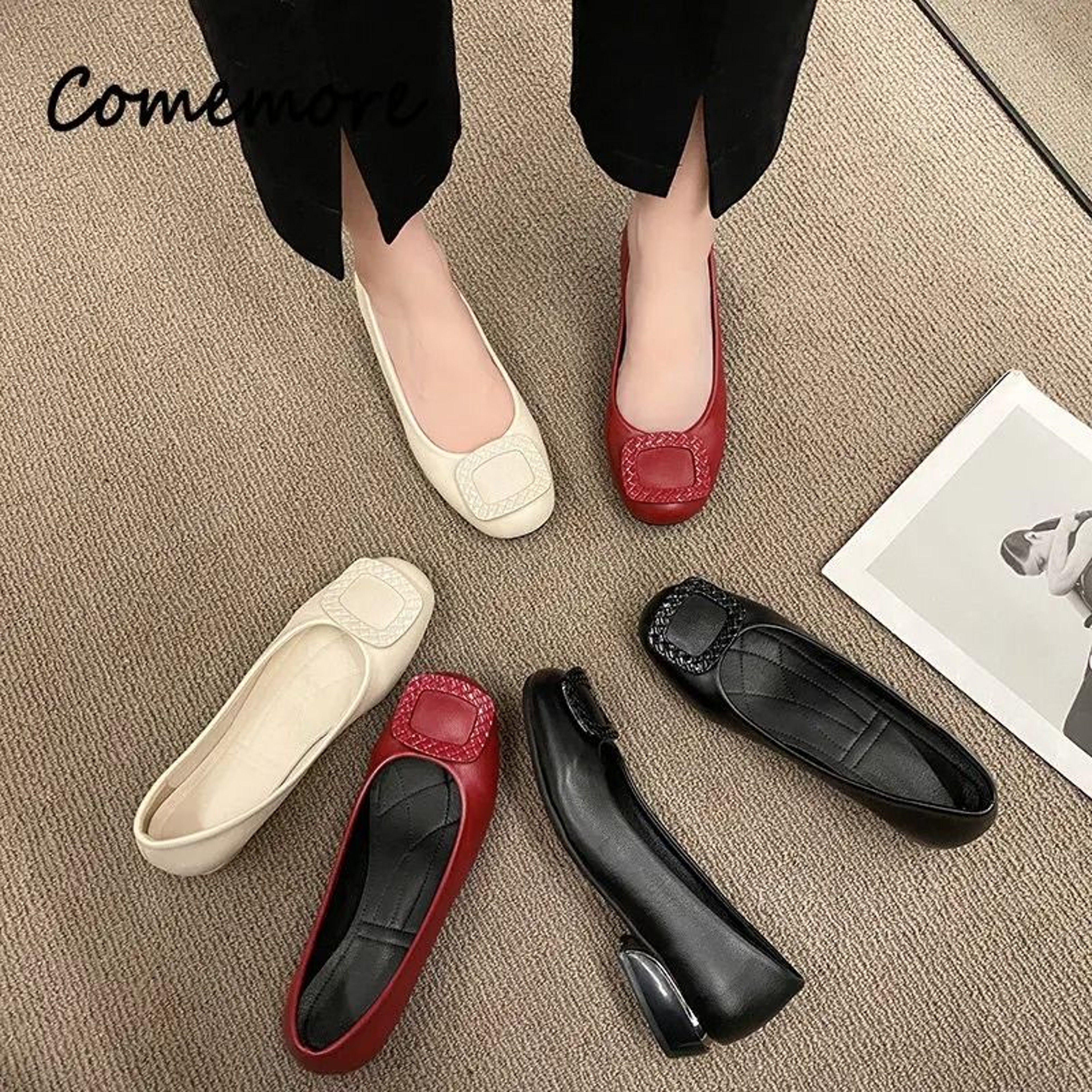 Comemore Fashion Red Pumps  Square Heel PU Leather Series  HighYield Comfort Interaction Hub 5