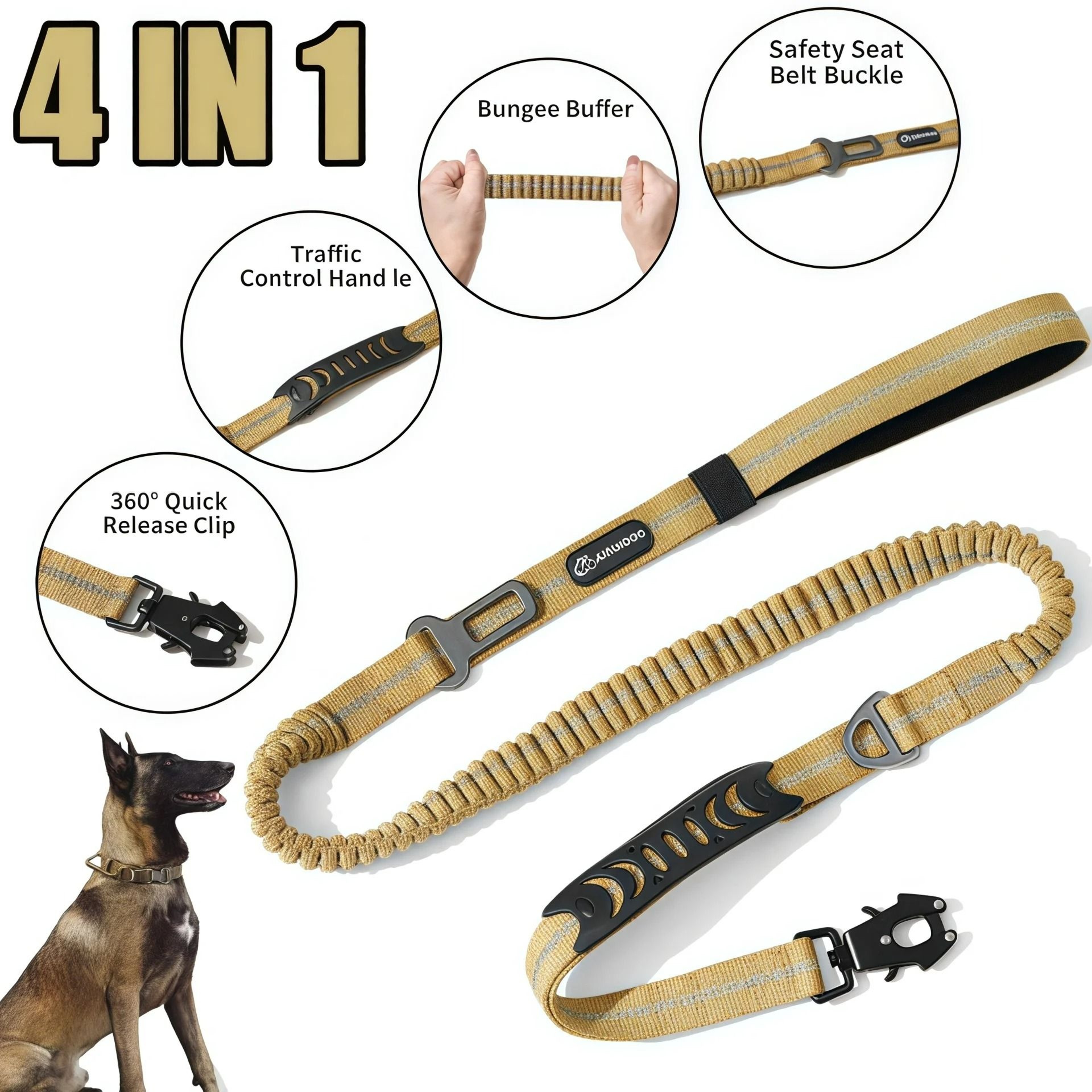 HeavyDuty Tactical Bungee Dog Leash  Reflective Shock Absorbing Lead With Car Seatbelt 0