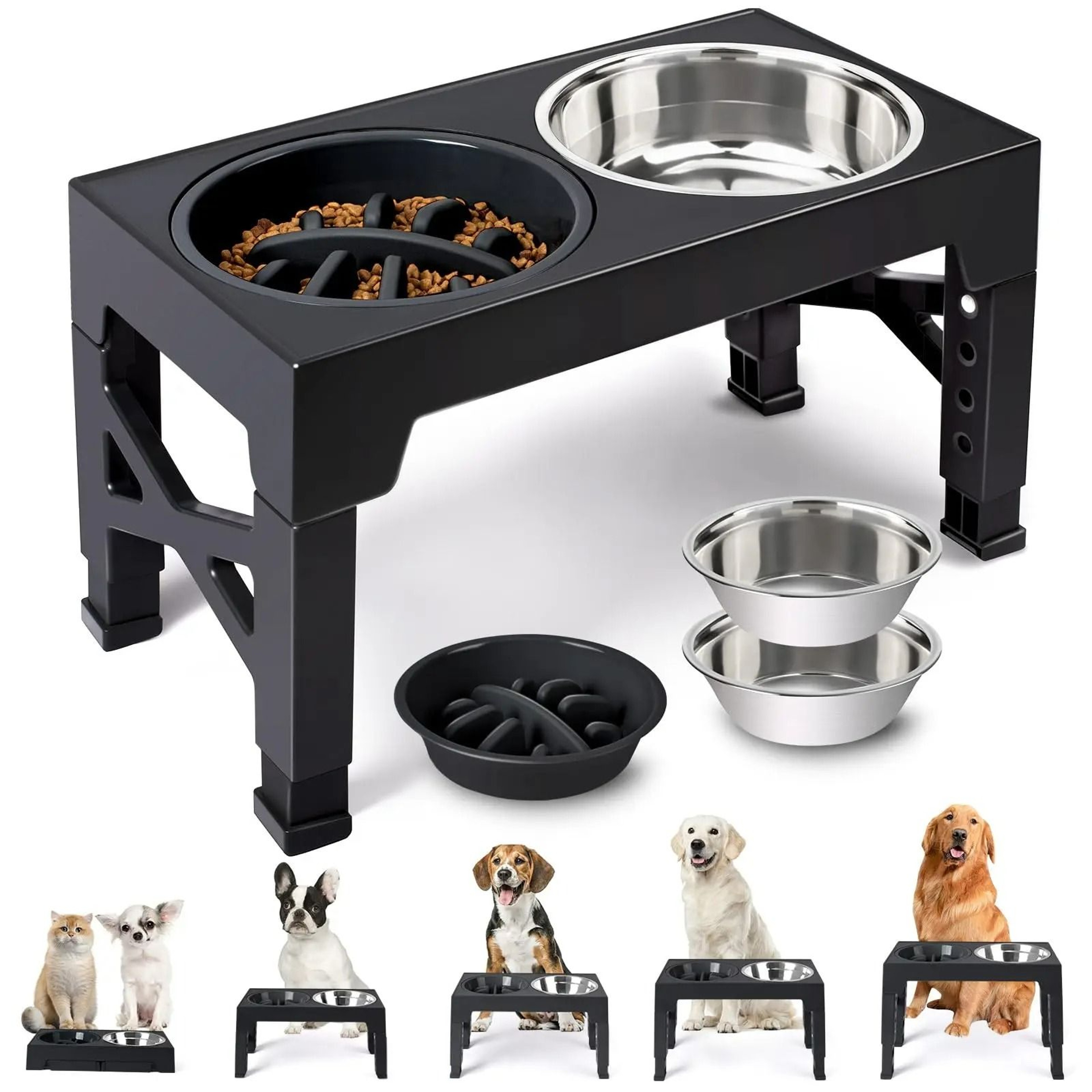 Adjustable Elevated Dog Feeder  MultiHeight Raised Stand With Double Stainless Steel Bowls 1