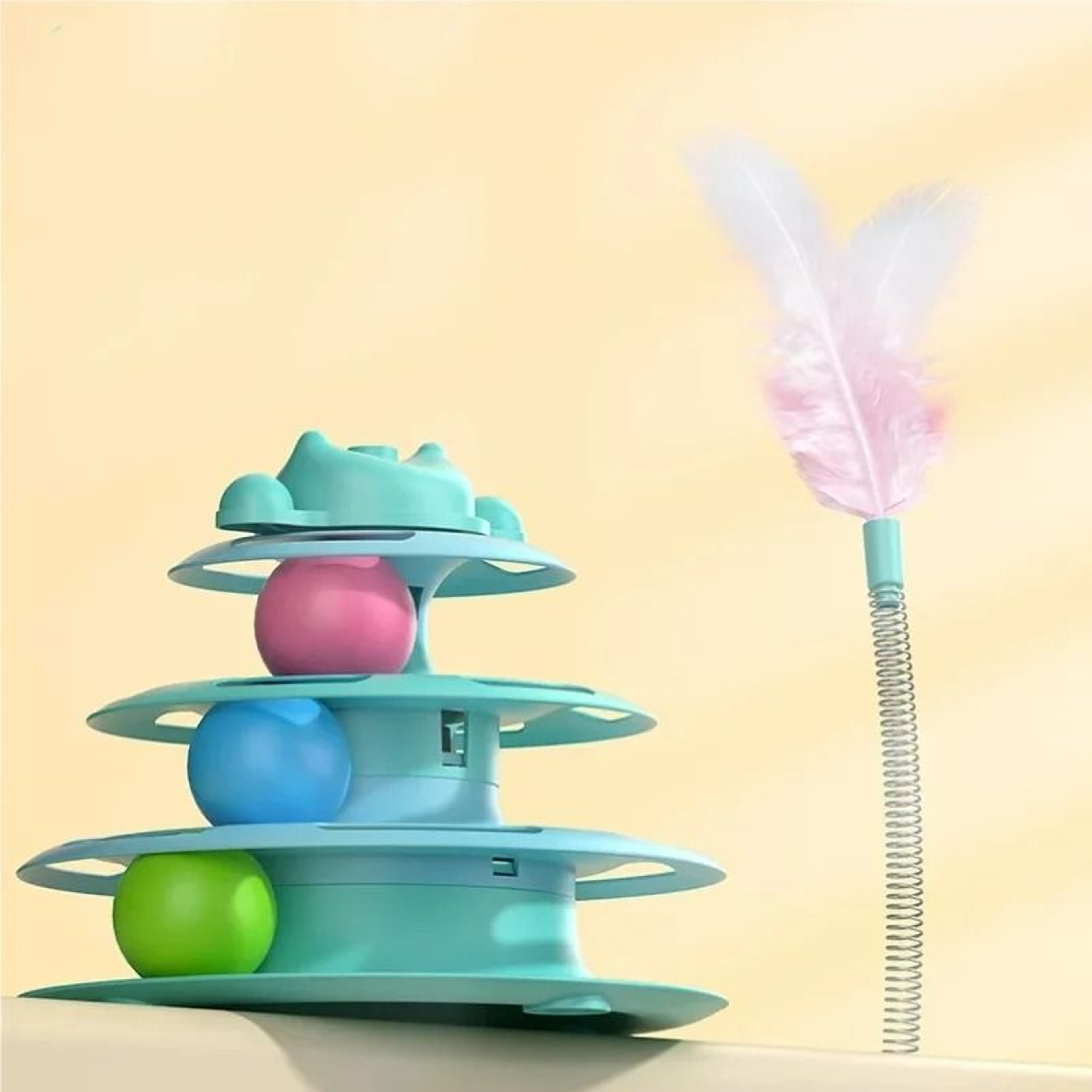 4Layer Interactive Feather Cat Turntable With Fun Toy Ball  Playing Stick 4