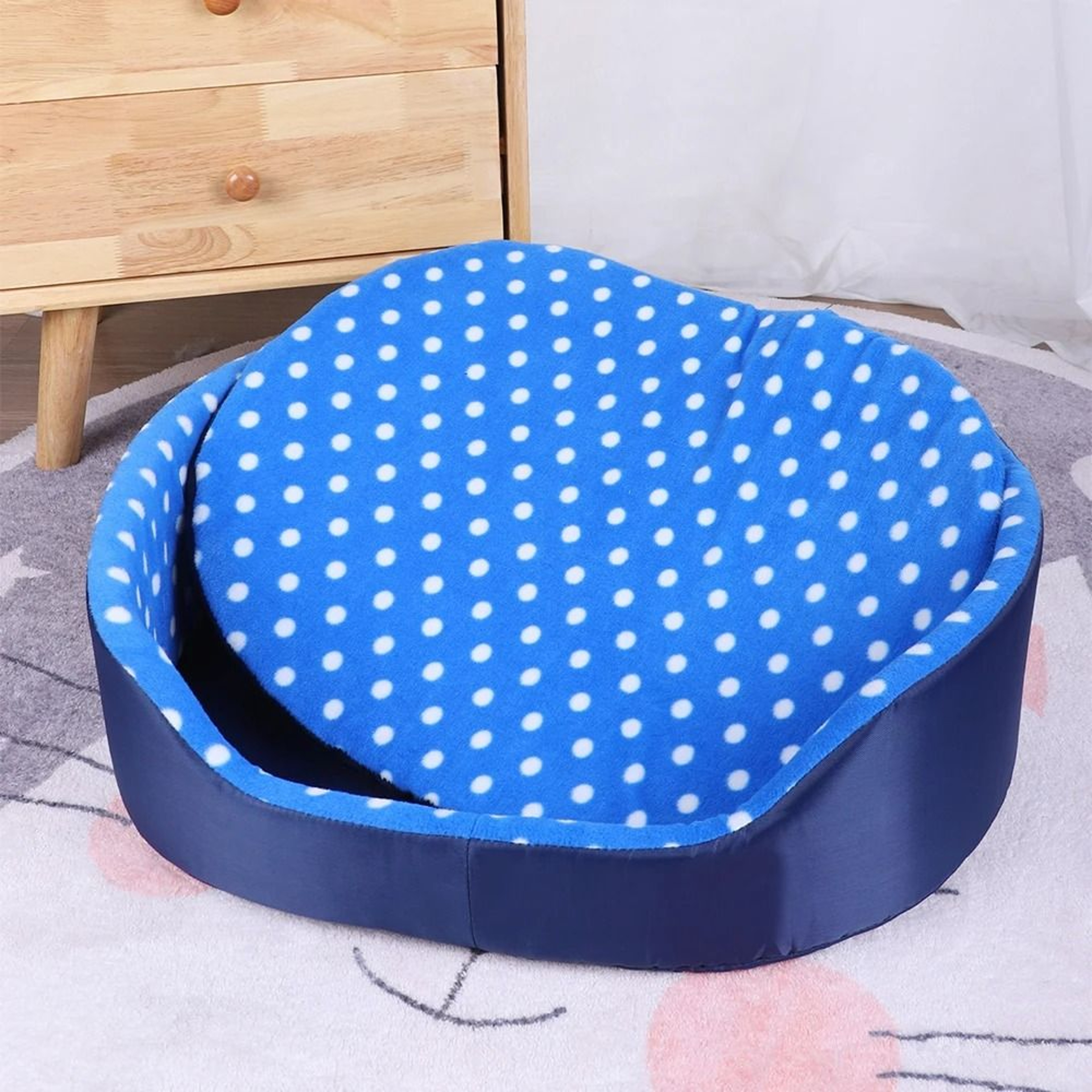 Plush Polka Dot Cat Bed With Support Walls And Padded Cushion 3
