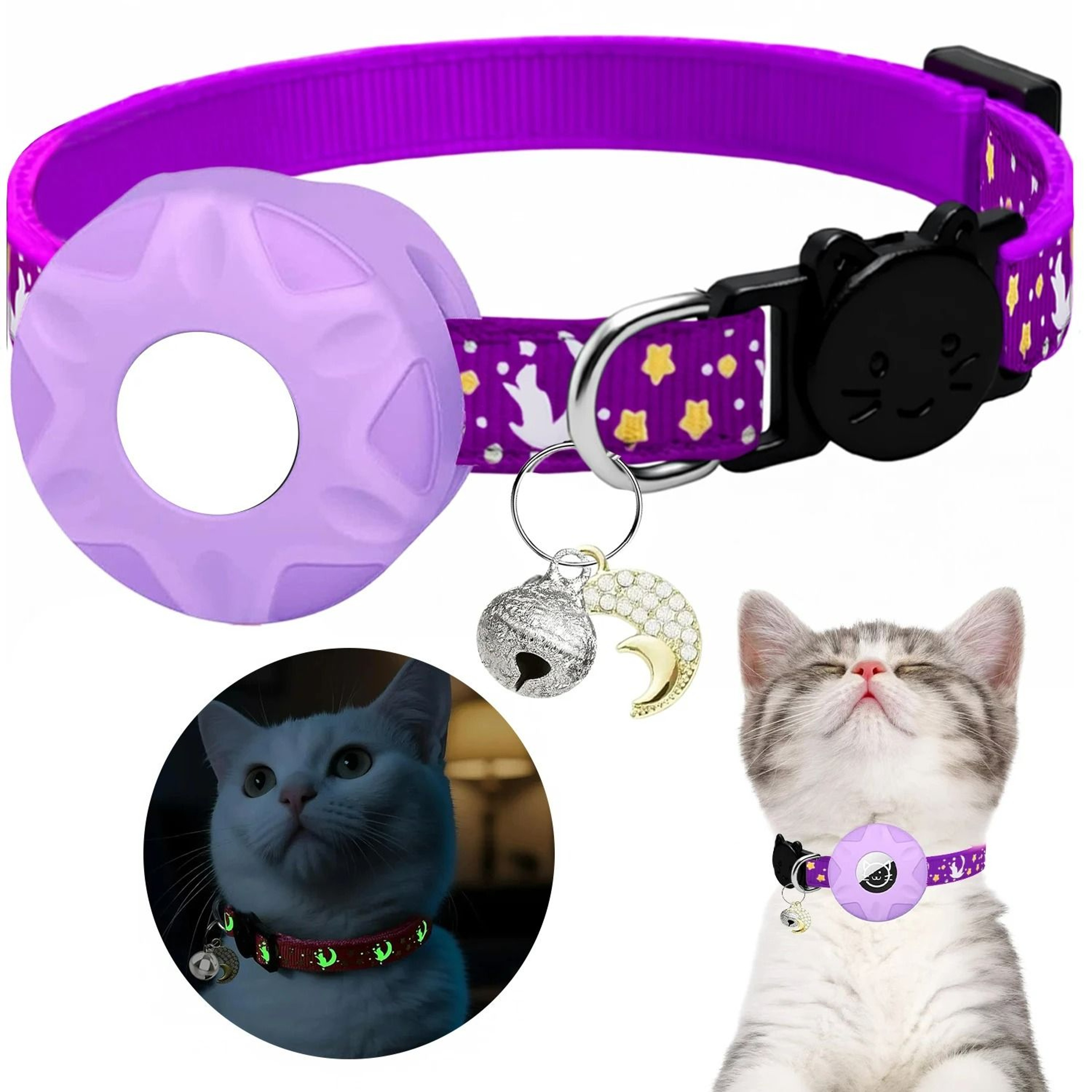 Reflective Moon  Stars AirTag Safety Collar  GlowintheDark Tracking For Cats 6
