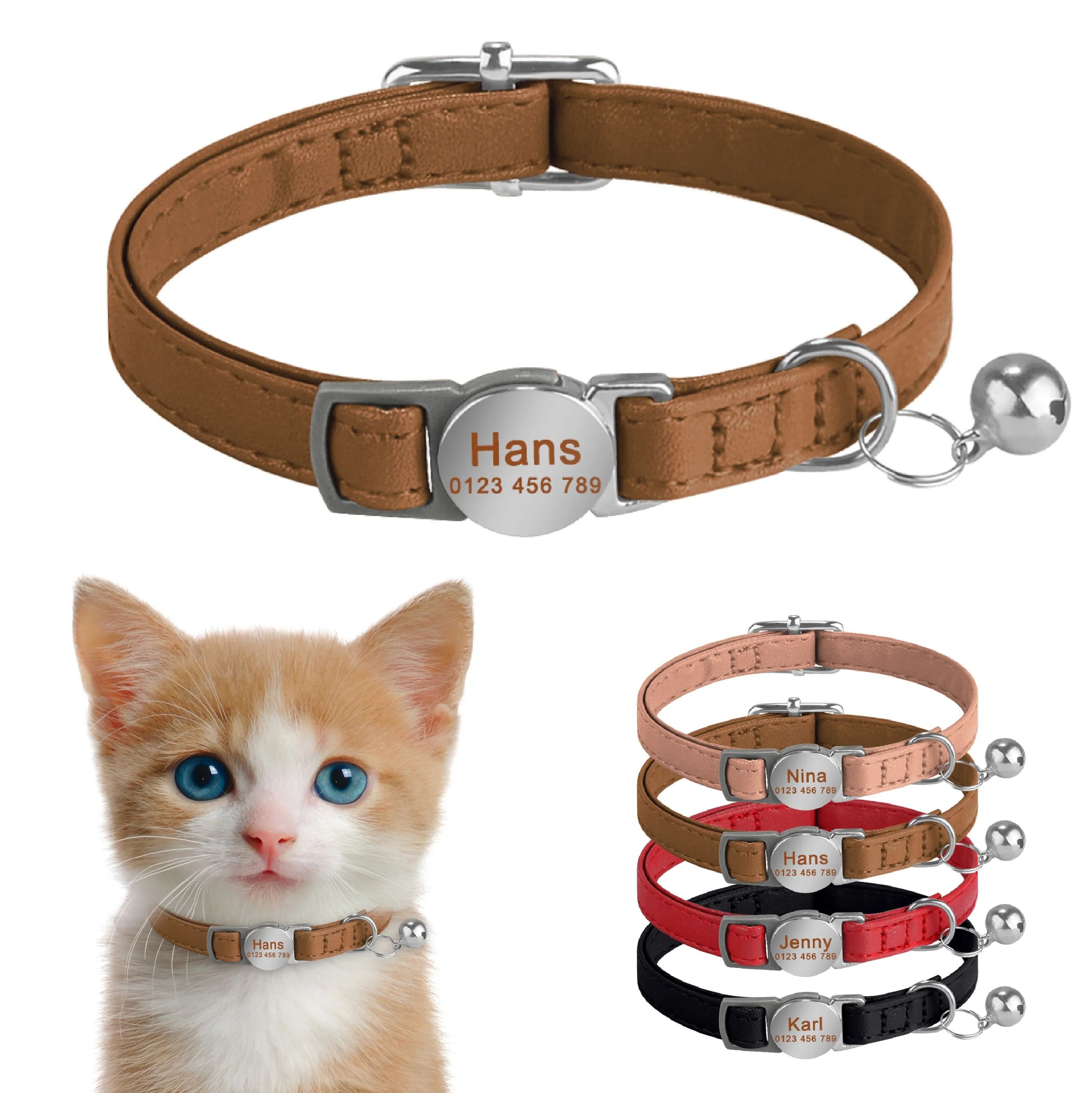 Personalized Leather Breakaway Cat Collar With LaserEngraved Safety Nameplate 0