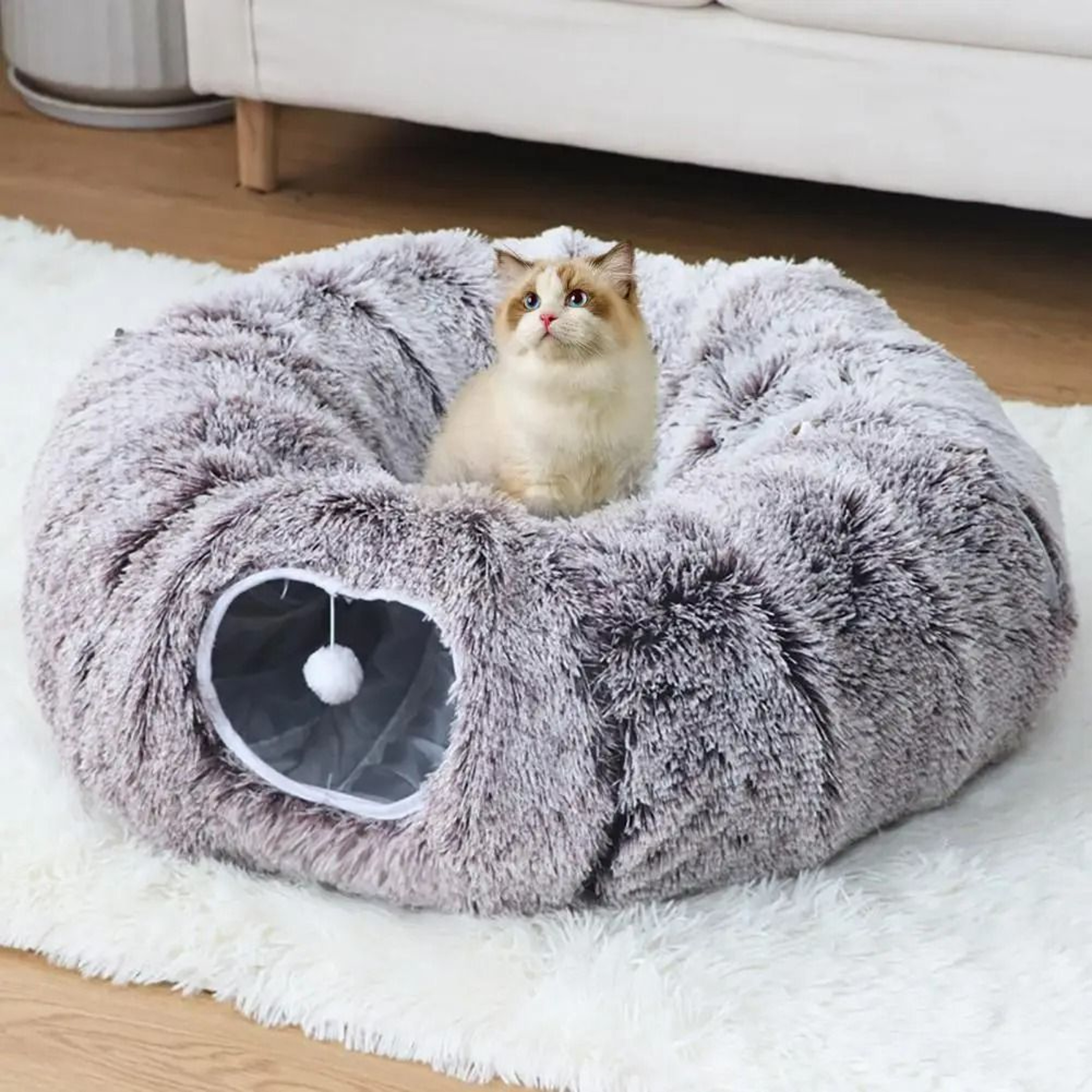 Plush Donut Cat Tunnel Bed  Round Convertible Play Labyrinth With Hanging Toy Balls  Washable Peeka 2