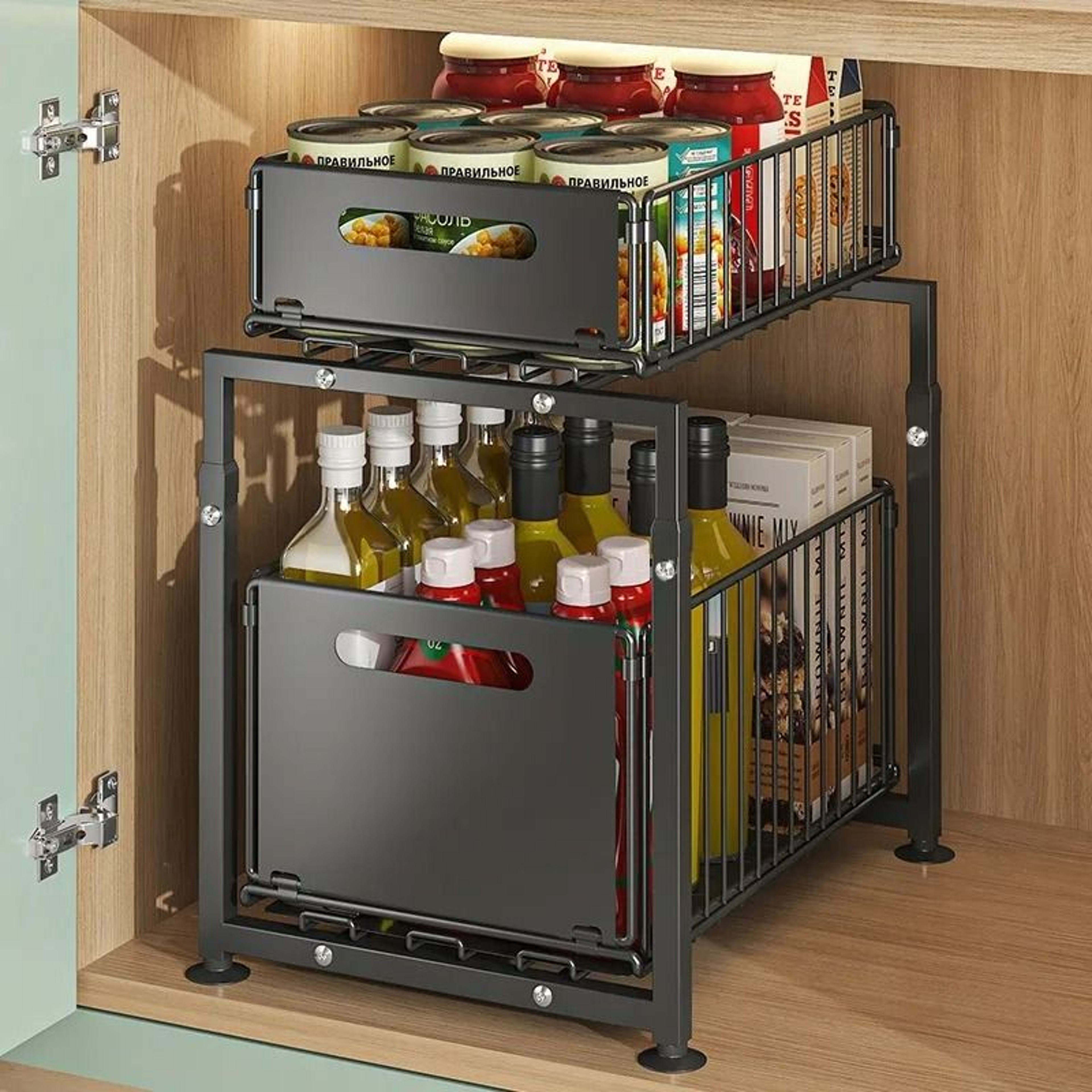 UnderSink Sliding Storage Rack  2Tier PullOut Cabinet Organizer Basket For Spices Snacks  Bathroom  1