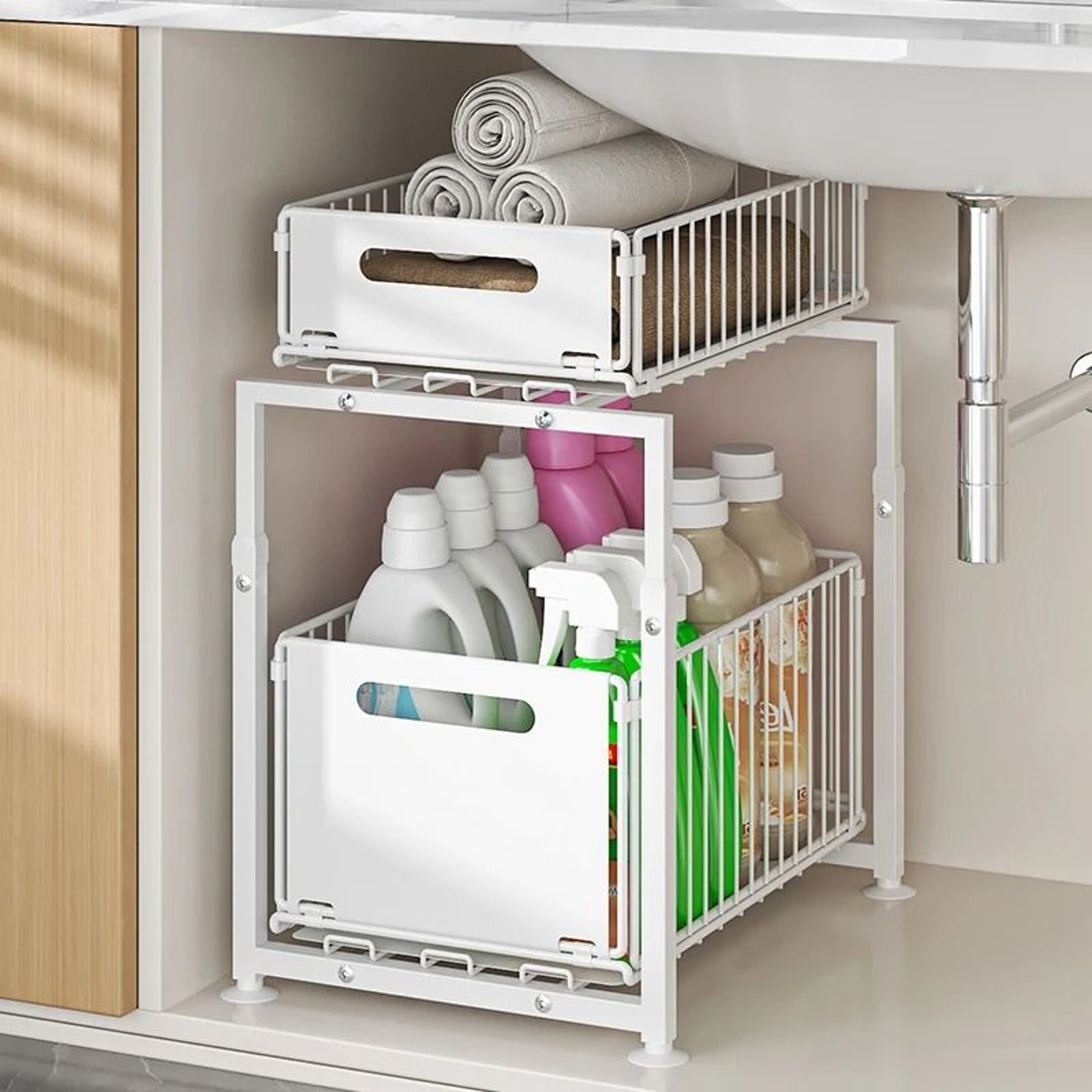 UnderSink Sliding Storage Rack  2Tier PullOut Cabinet Organizer Basket For Spices Snacks  Bathroom  8