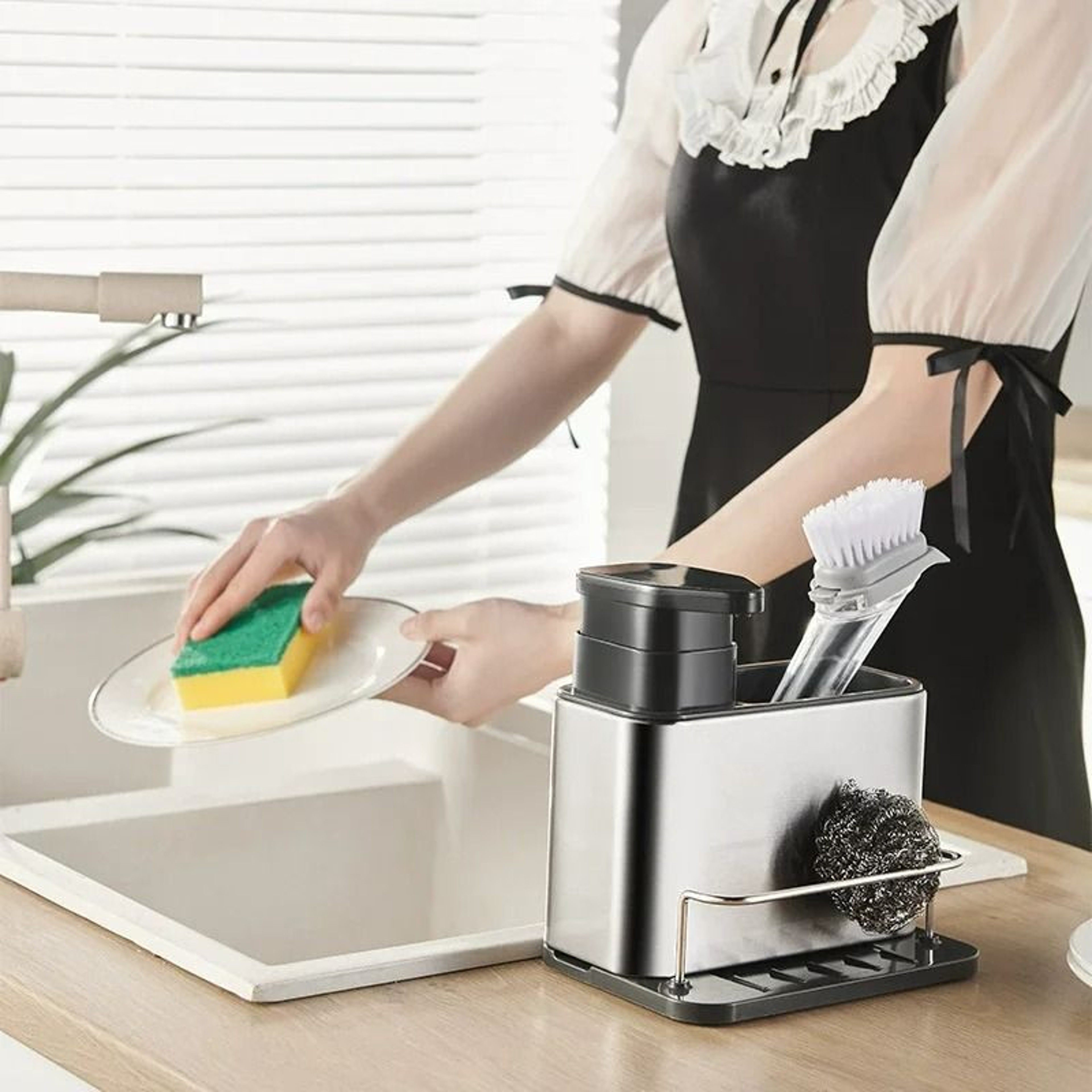 MultiFunction Kitchen Sink Sponge Holder  Soap Dispenser  Integrated Hand Soap Bottle With Storage  3
