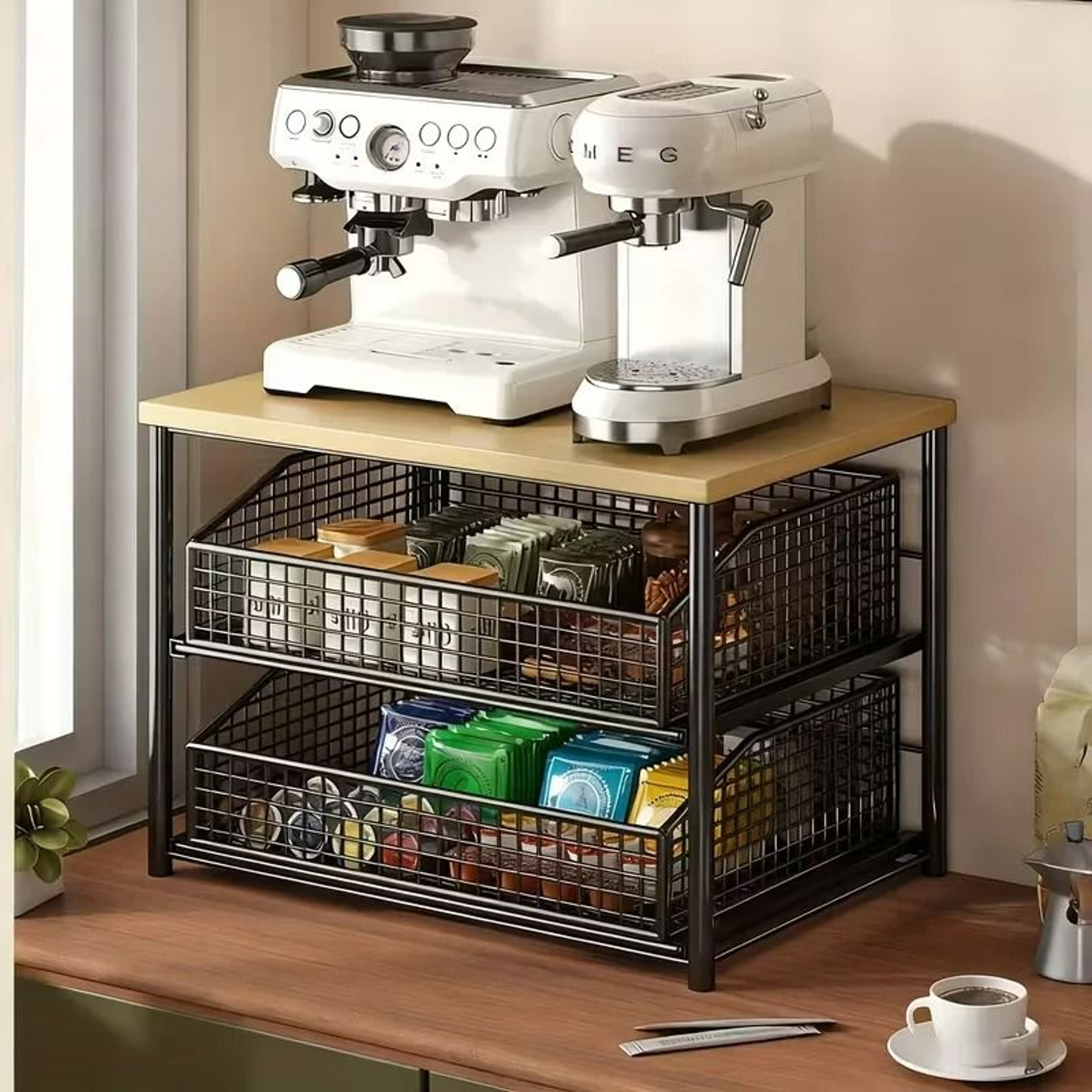 MultiLayer Kitchen Countertop Storage Rack  SpaceSaving Desktop Organizer With Drawers  Metal Baske 0