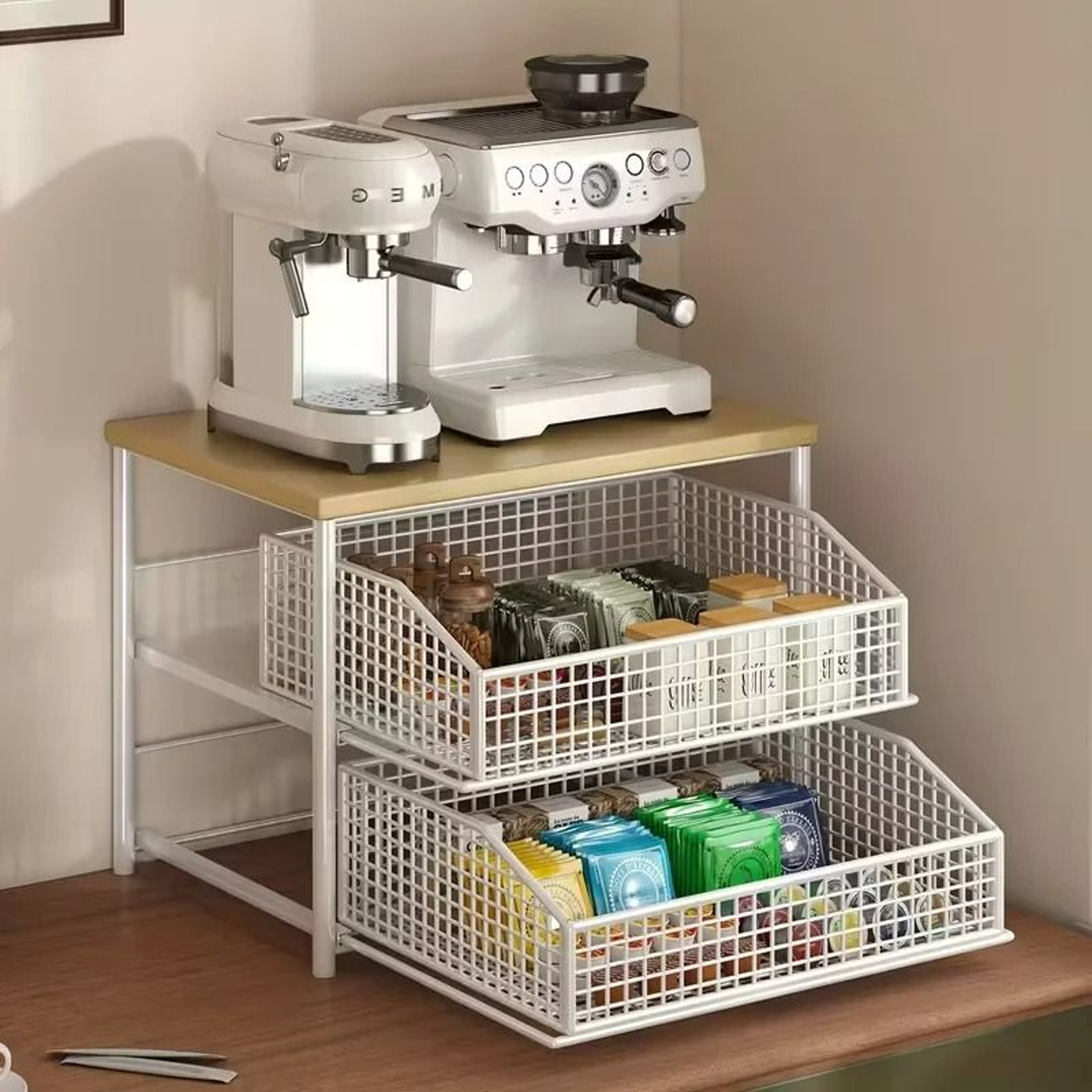 MultiLayer Kitchen Countertop Storage Rack  SpaceSaving Desktop Organizer With Drawers  Metal Baske 1