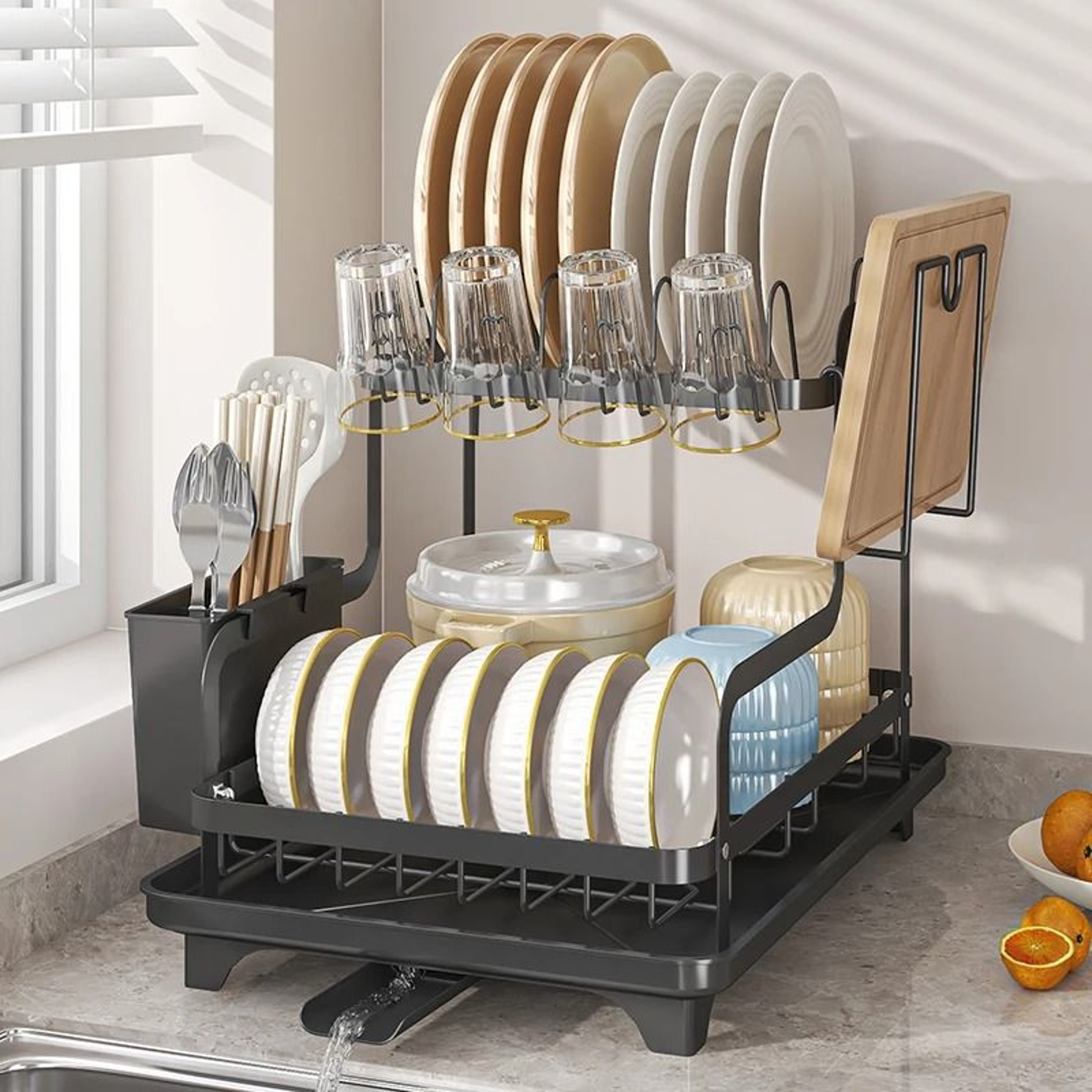 2Tier OverSink Dish Drying Rack With AutoDrainboard 5
