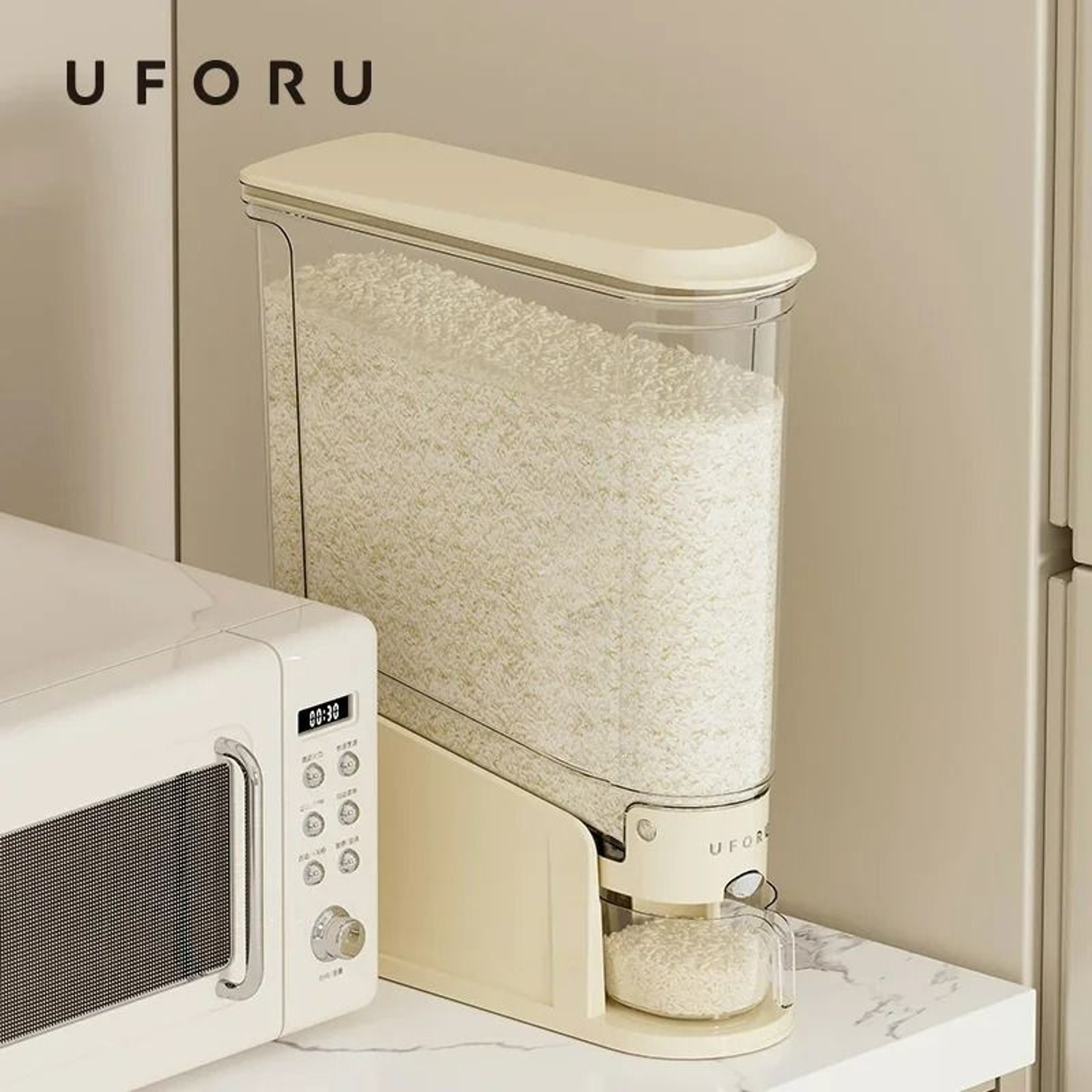 Sealed Rice Bucket Dispenser With Measuring Cup 0