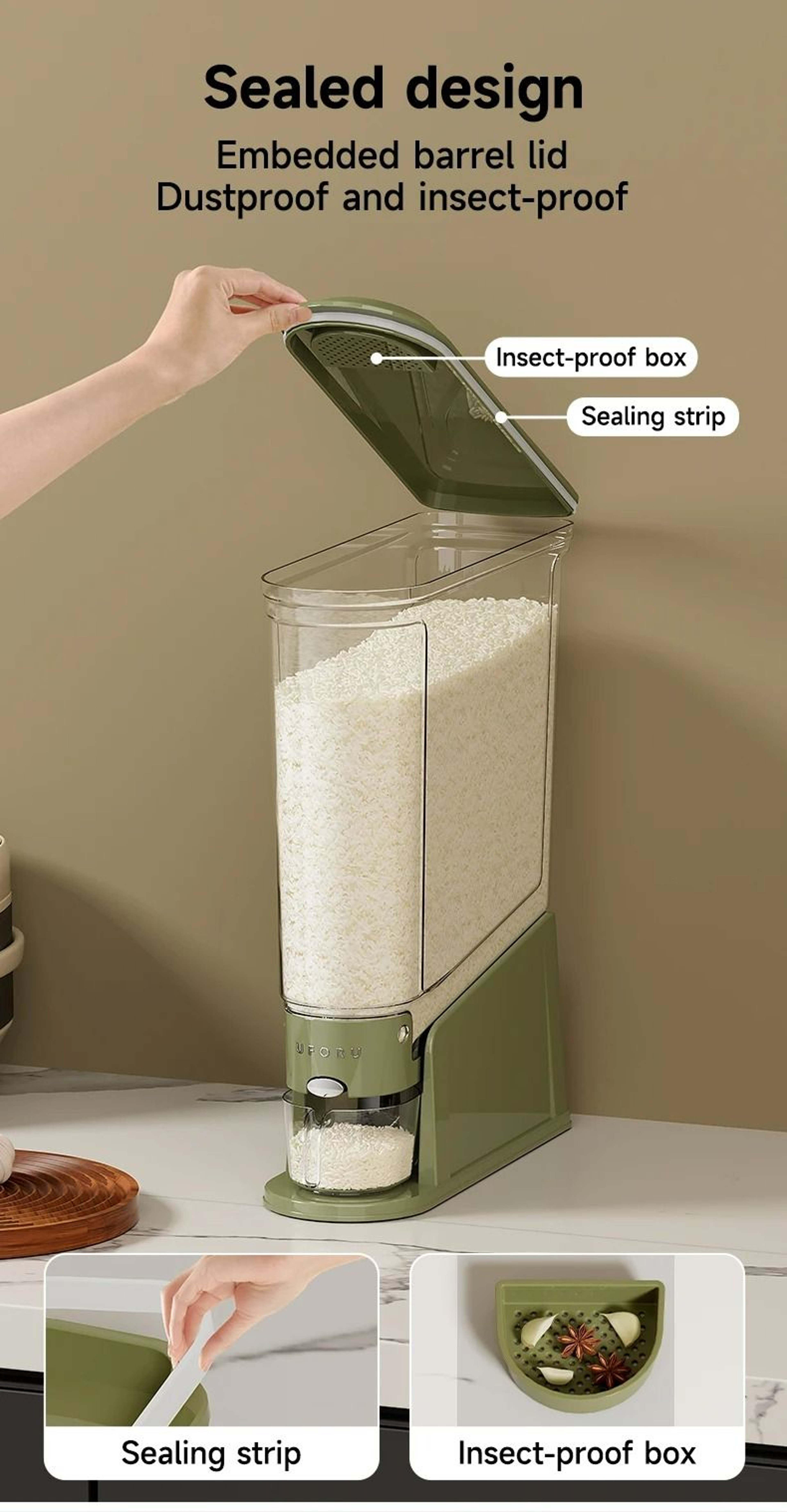 Sealed Rice Bucket Dispenser With Measuring Cup 3