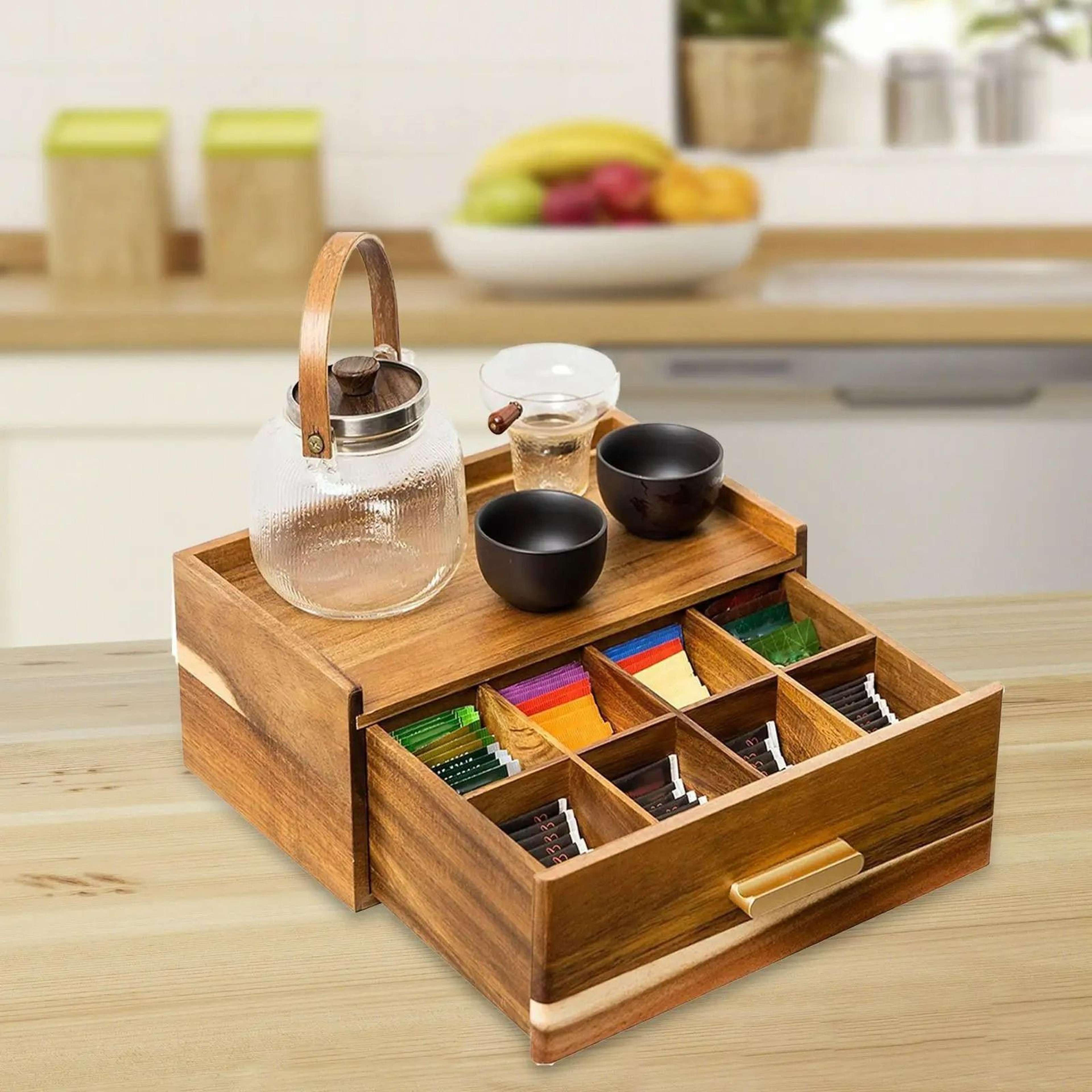 Premium Wooden Tea Bag Organizer With Multiple Compartments 2