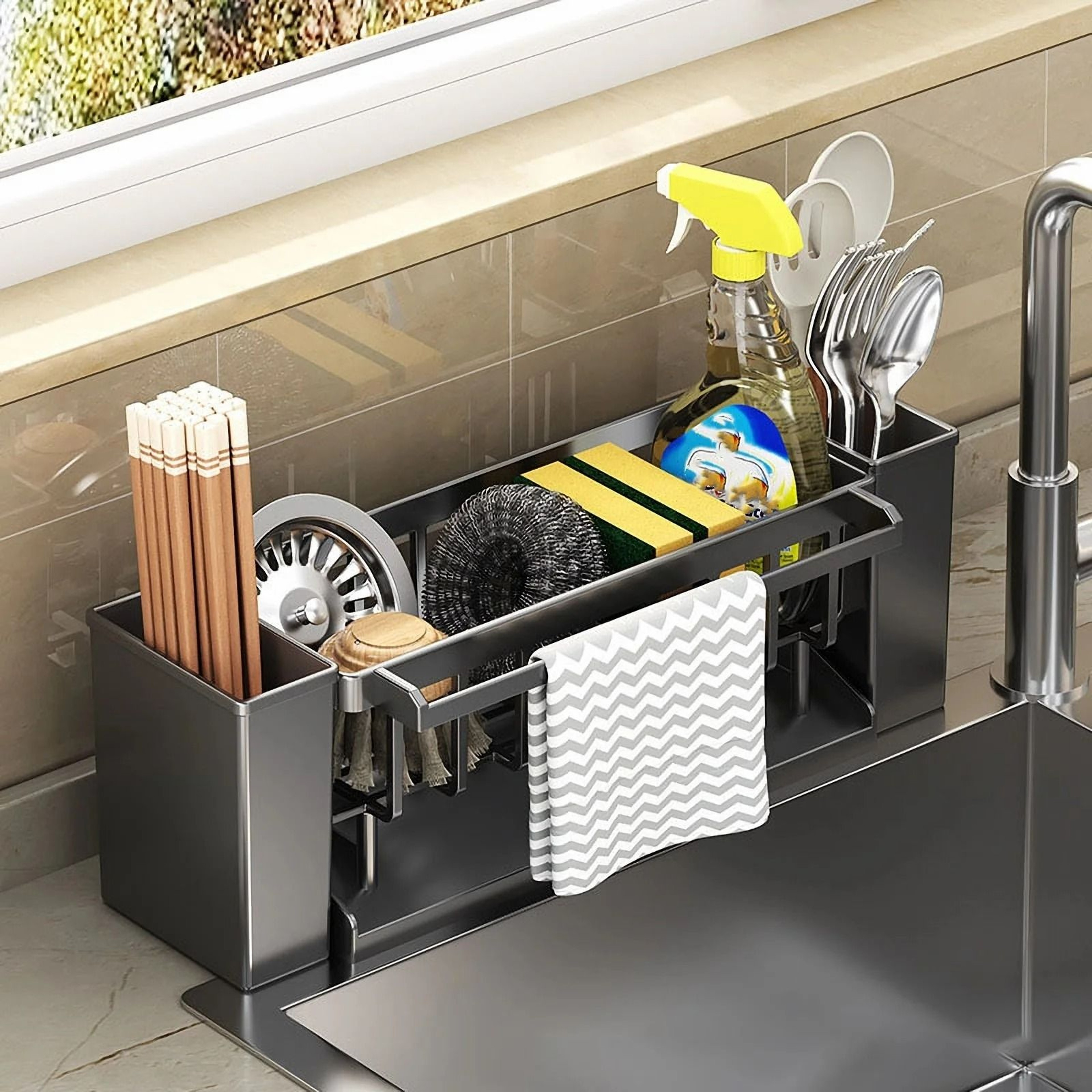 FaucetMounted Kitchen Sink Organizer And MultiPurpose Sponge And Brush Rack 0