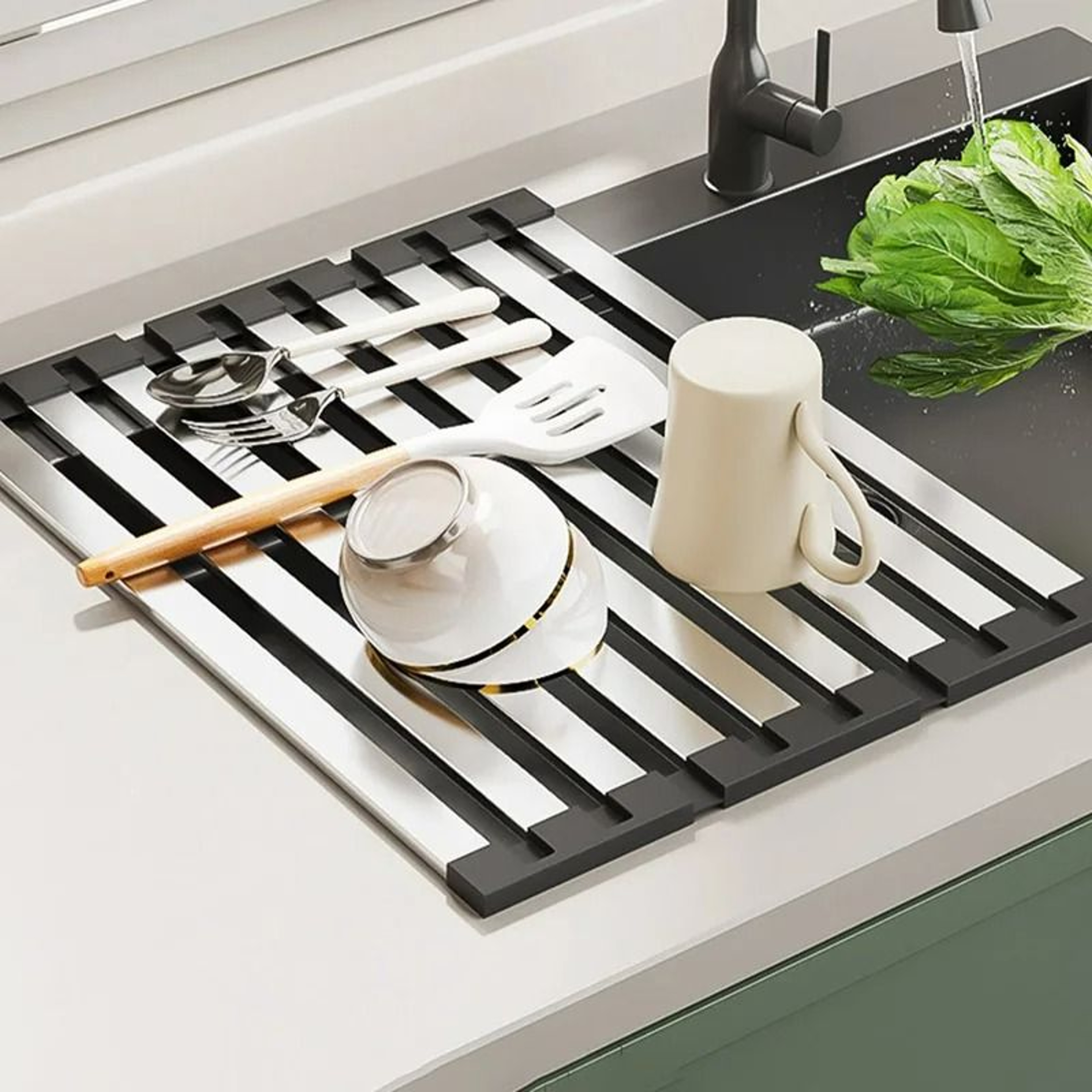 304 Stainless Steel Foldable OvertheSink Dish Drying Rack And SpaceSaving Rolling Mat 3