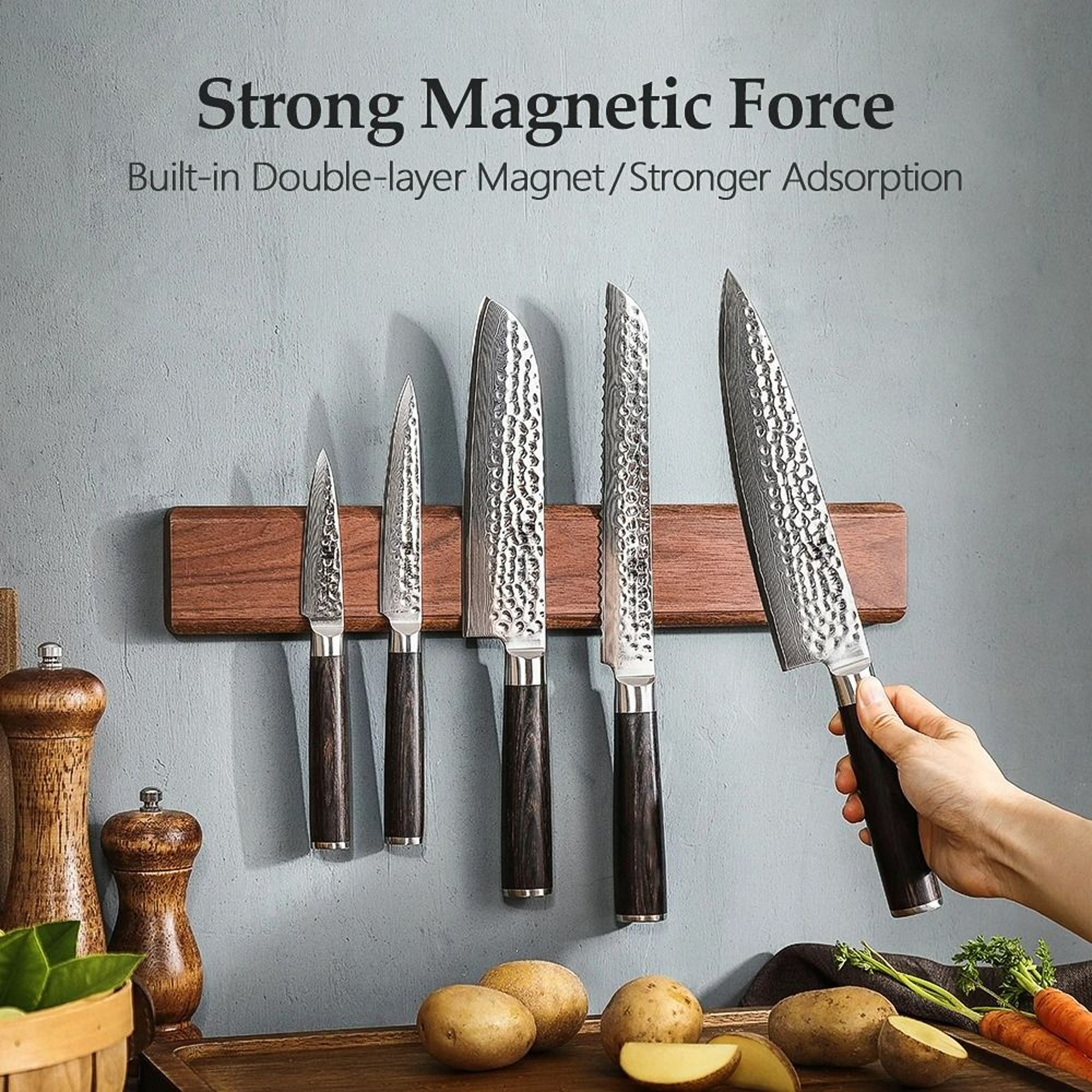 16Inch Walnut Solid Wood Magnetic Knife Holder And DualRow HeavyDuty Wall Rack 0