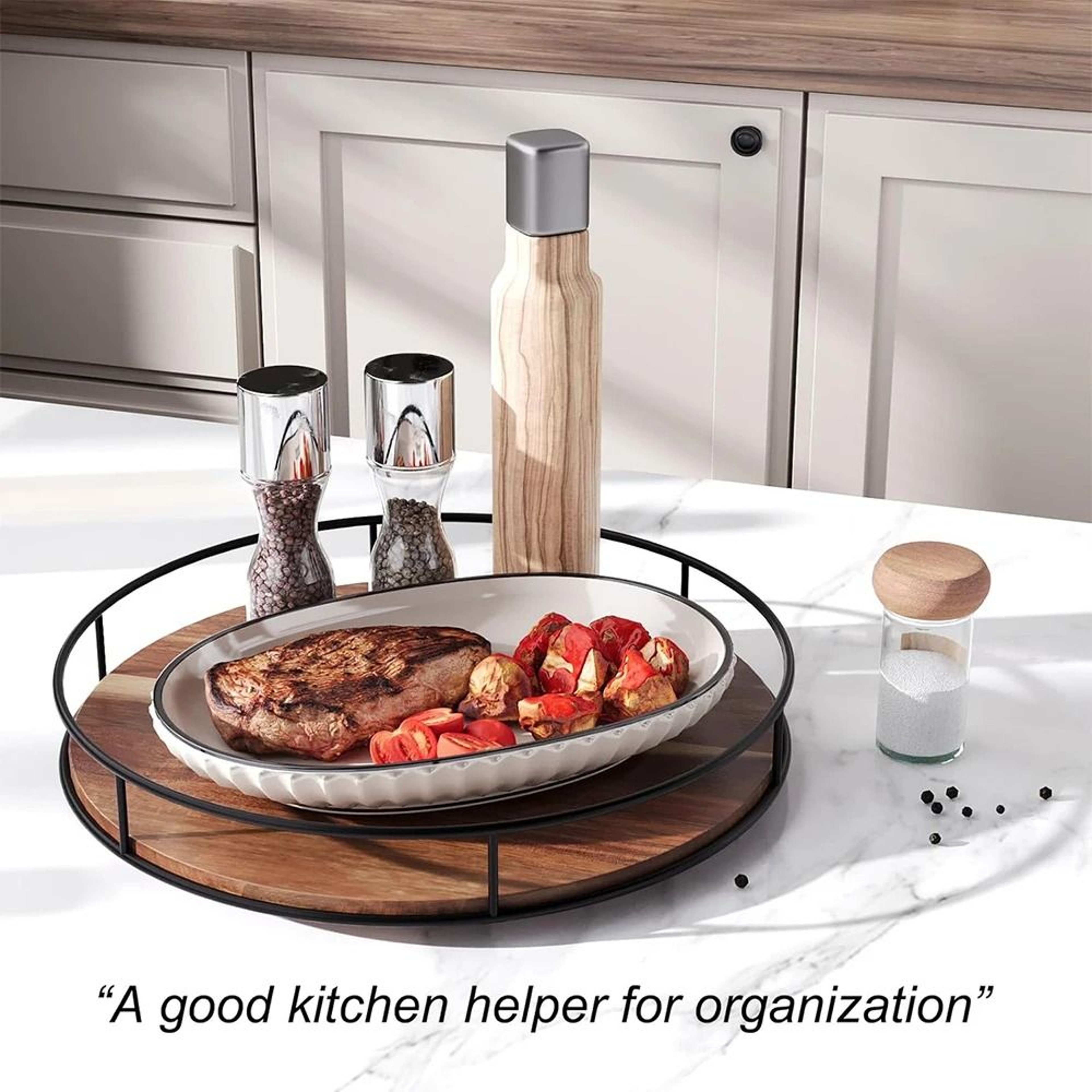 Acacia Wood Lazy Susan Turntable With Industrial Metal Frame And Countertop Storage Serving Tray 5