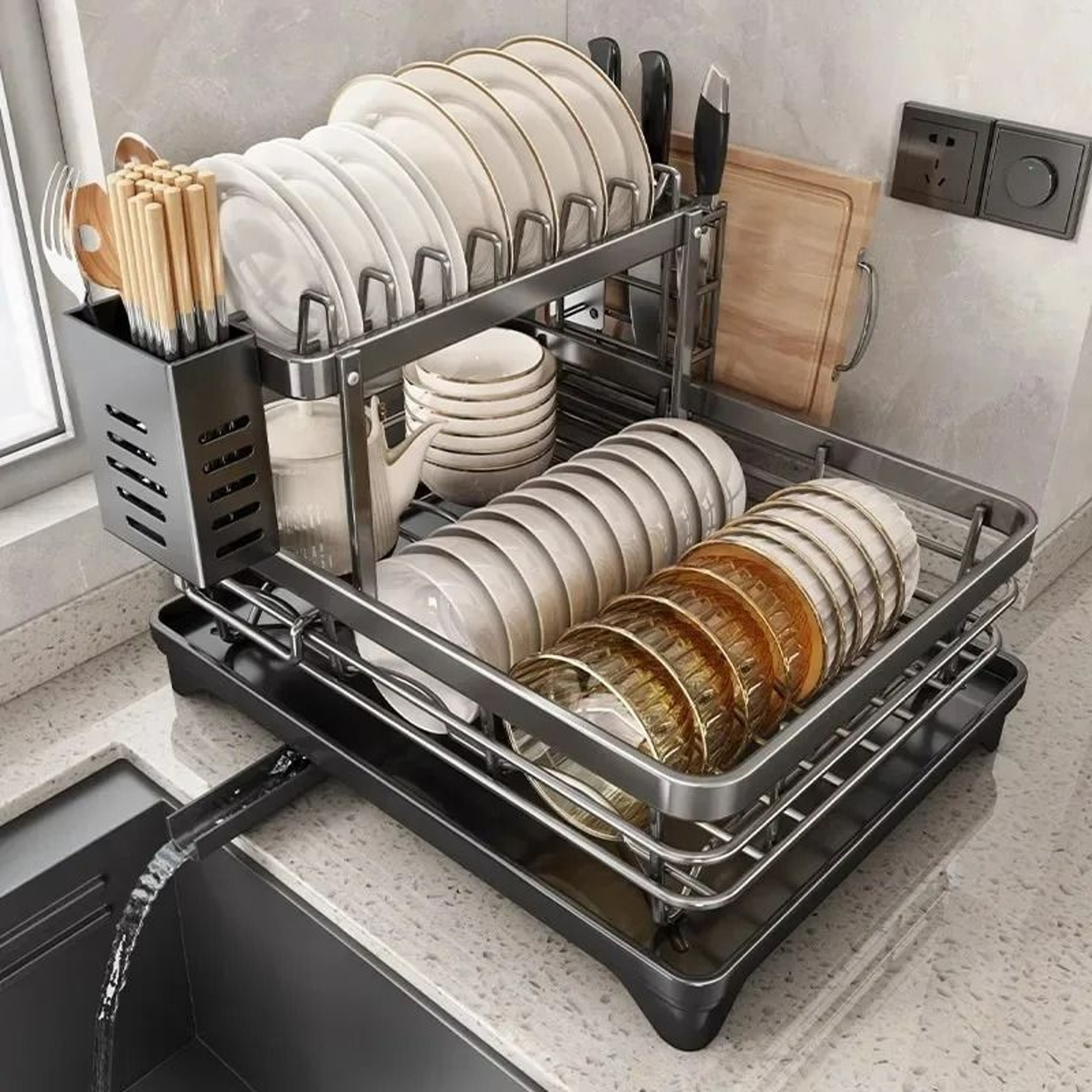 Stainless Steel Dish Drying Rack With Drainboard And Over Sink Plate Organizer For Kitchen Storage 1