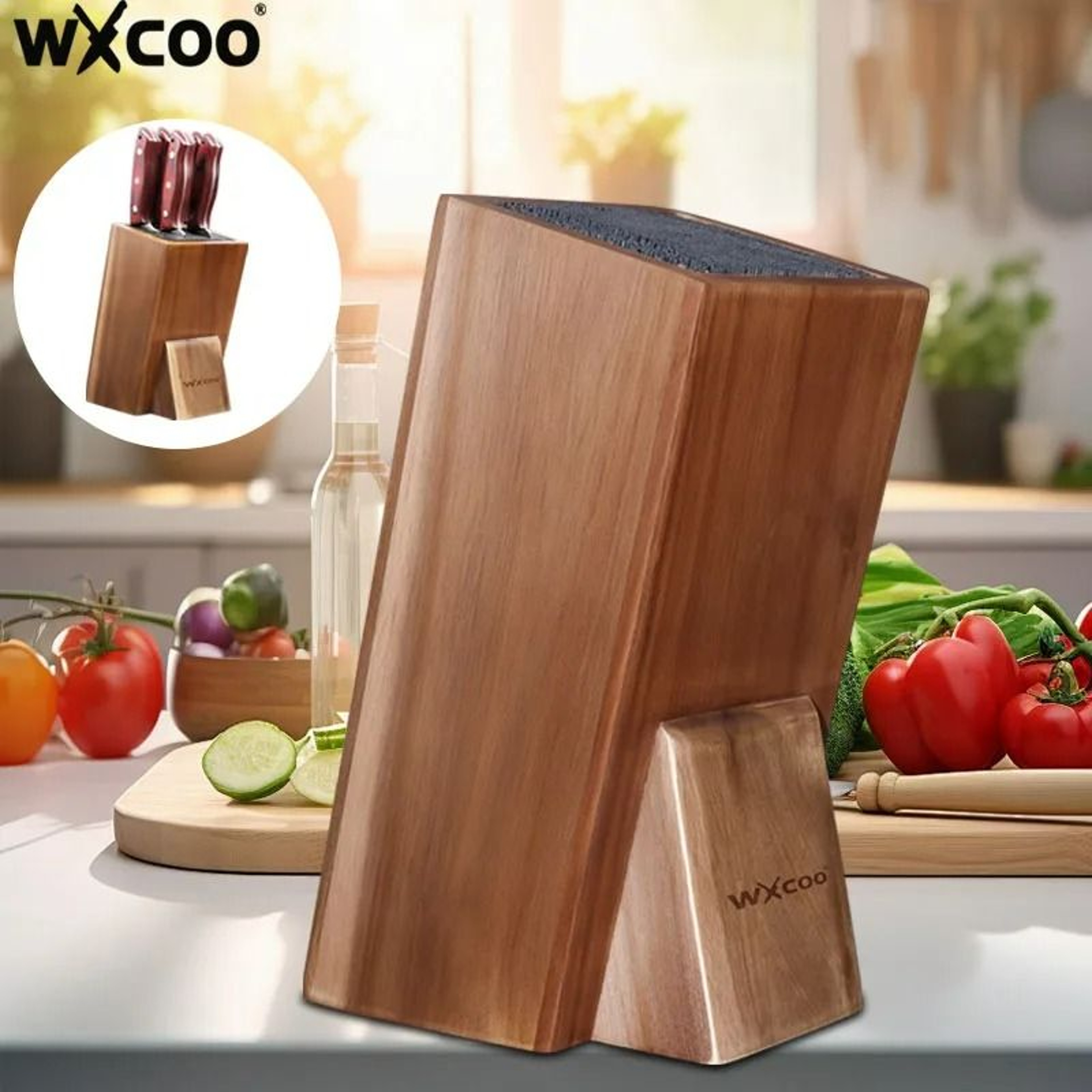 Acacia Wood Universal Knife Block  Premium Solid Wood Countertop Storage Holder Stand With Protecti 0