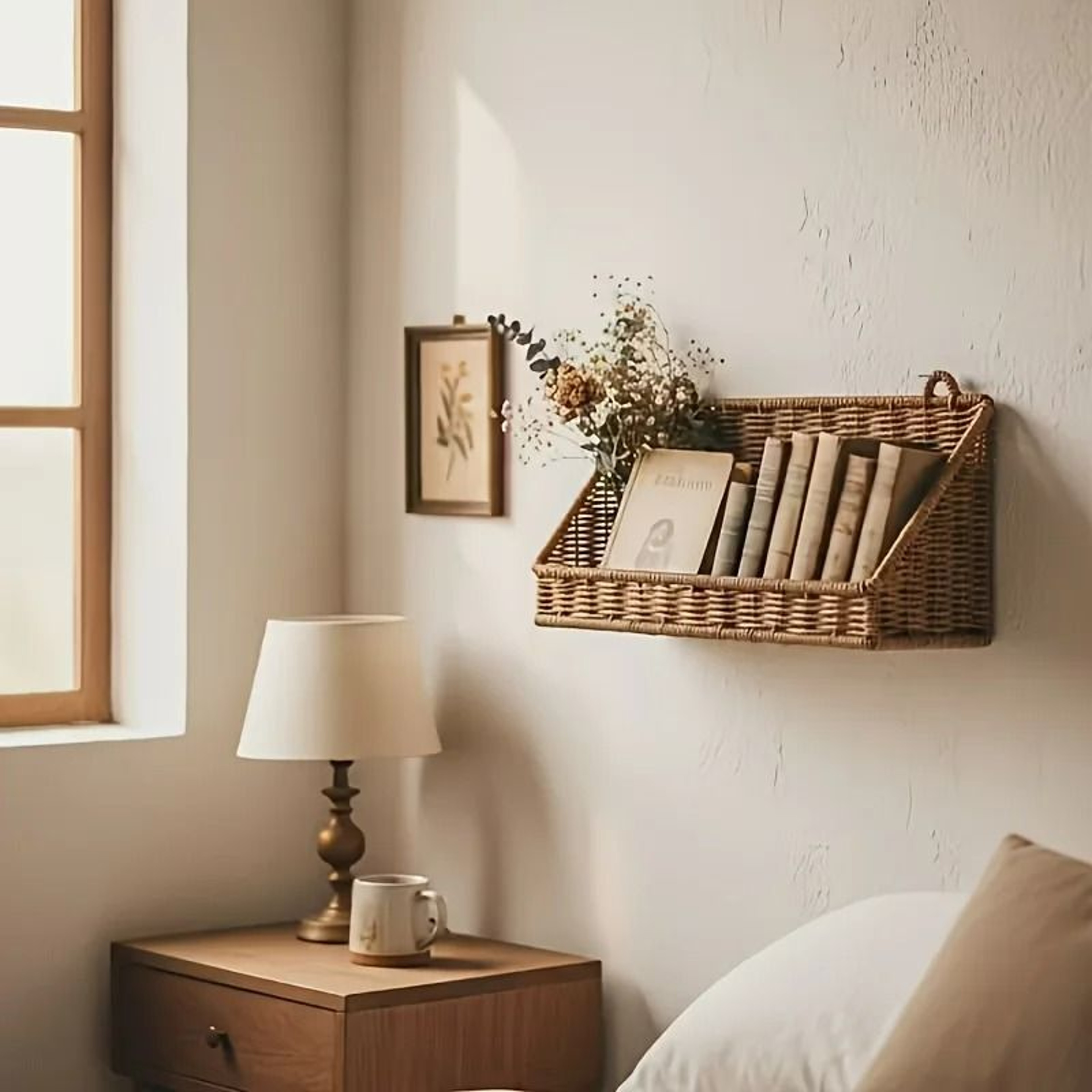 Rustic WallMounted Woven Basket With Hooks  Boho Rattan Storage Hamper For Kitchen Bathroom And Liv 1