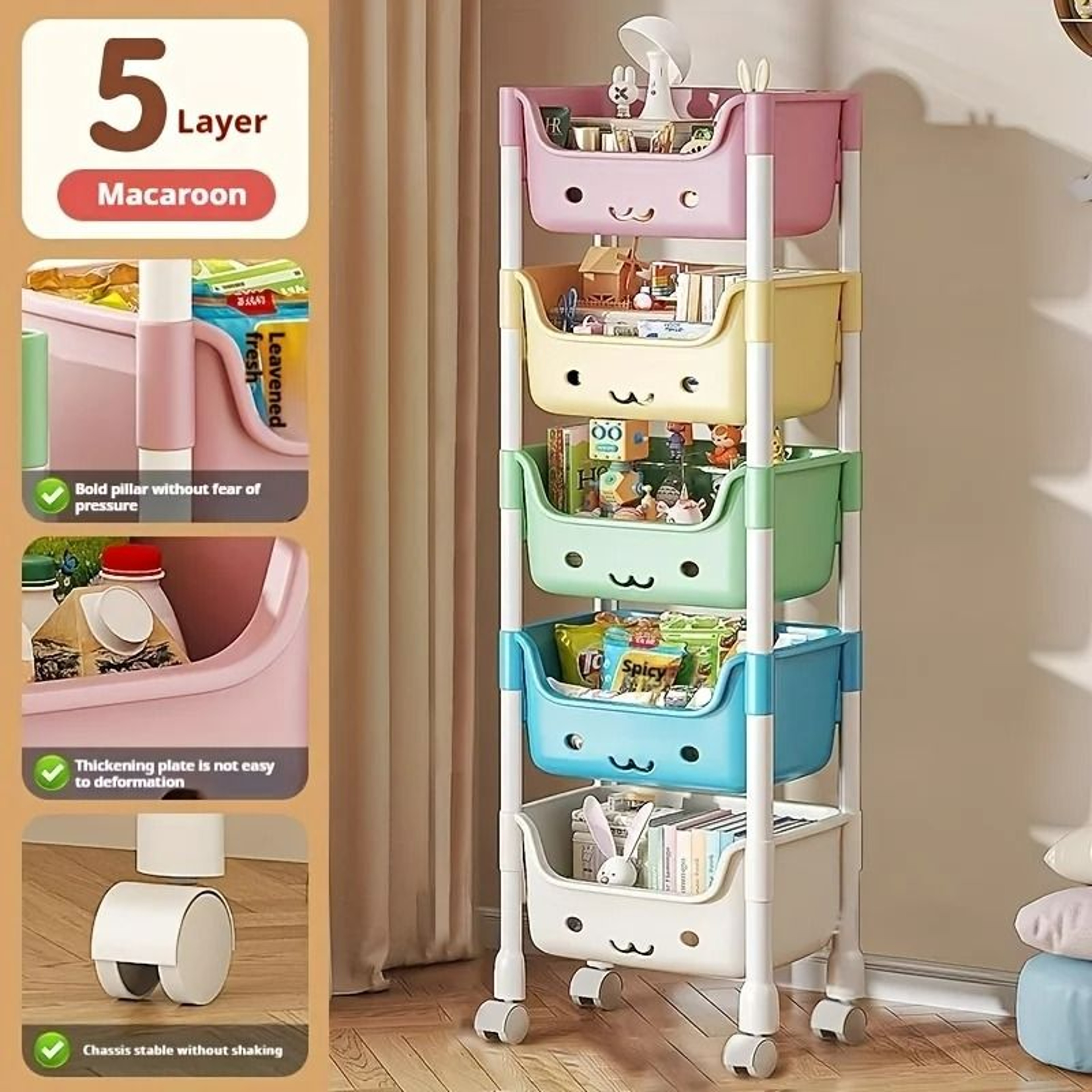 MultiTier Slim Rolling Utility Cart With Storage Bins And Hooks 9